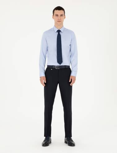 Koyu Mavi %100 Pamuk Parlak Saten Slim Fit Uzun Kollu Basic Gömlek