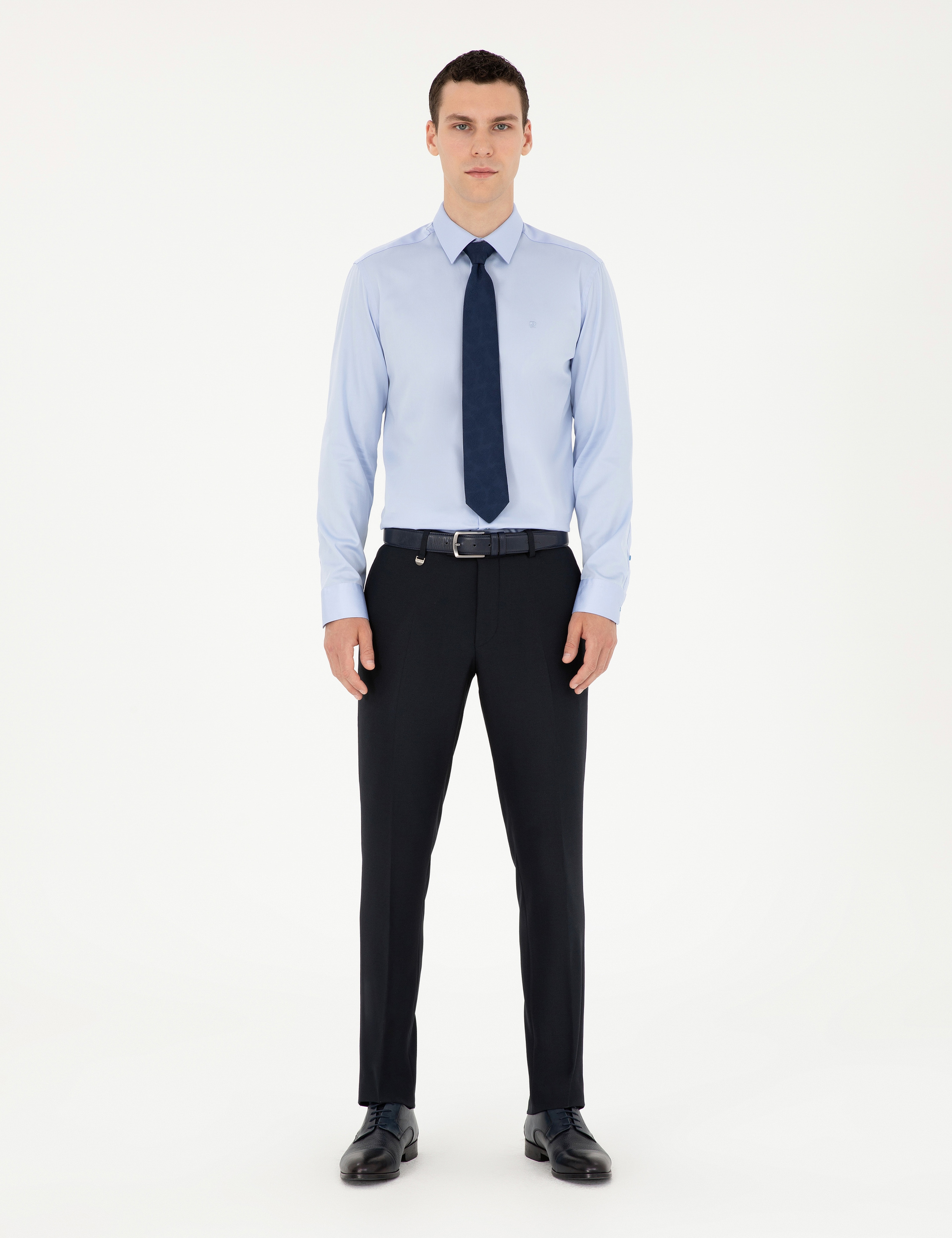 Koyu Mavi %100 Pamuk Parlak Saten Slim Fit Uzun Kollu Basic Gömlek - Image 4