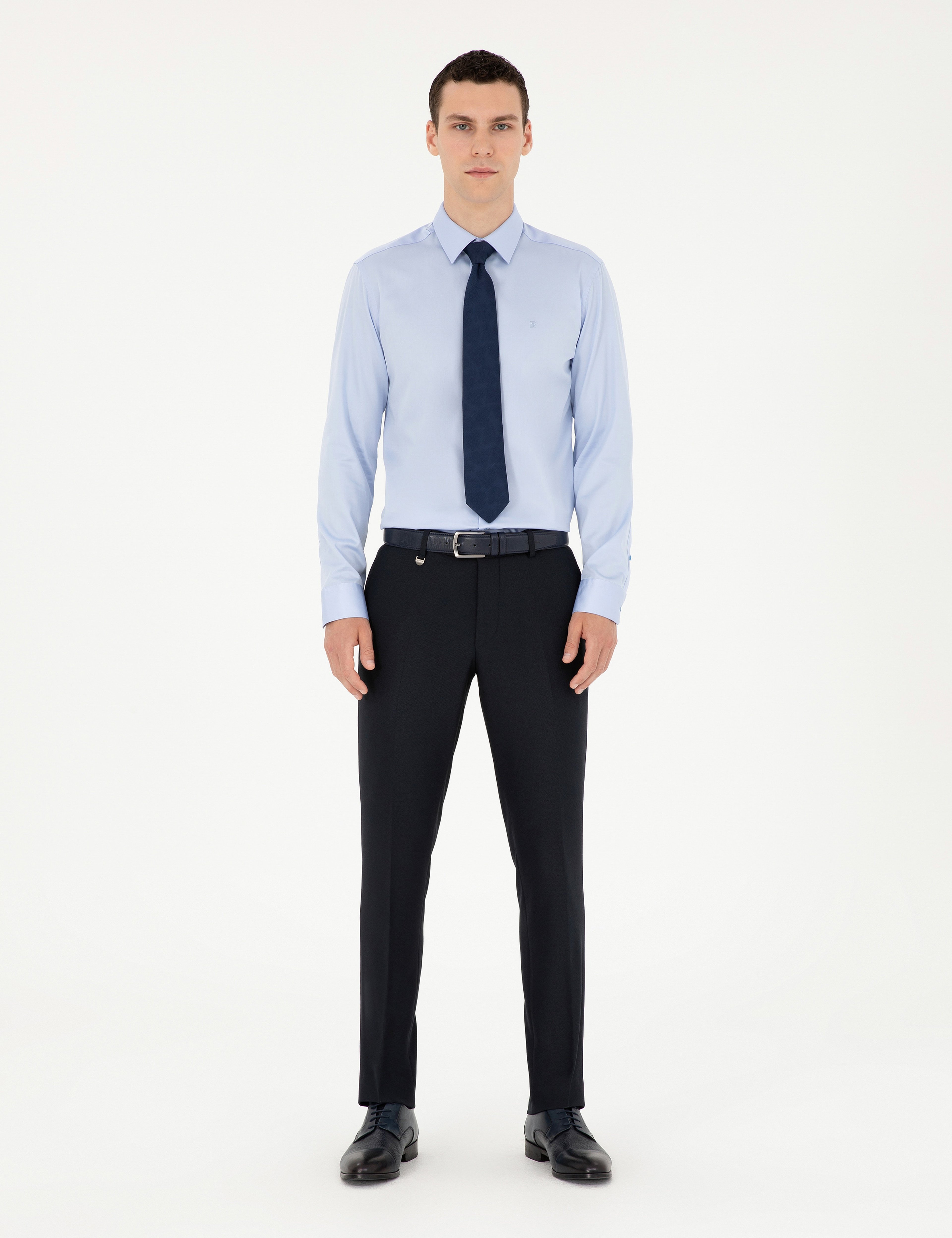 Koyu Mavi %100 Pamuk Parlak Saten Slim Fit Uzun Kollu Basic Gömlek