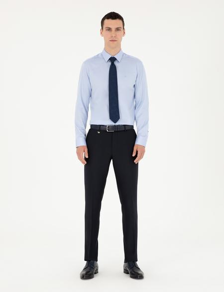 Koyu Mavi Parlak Saten Slim Fit Uzun Kollu Basic Gömlek - 50286102028