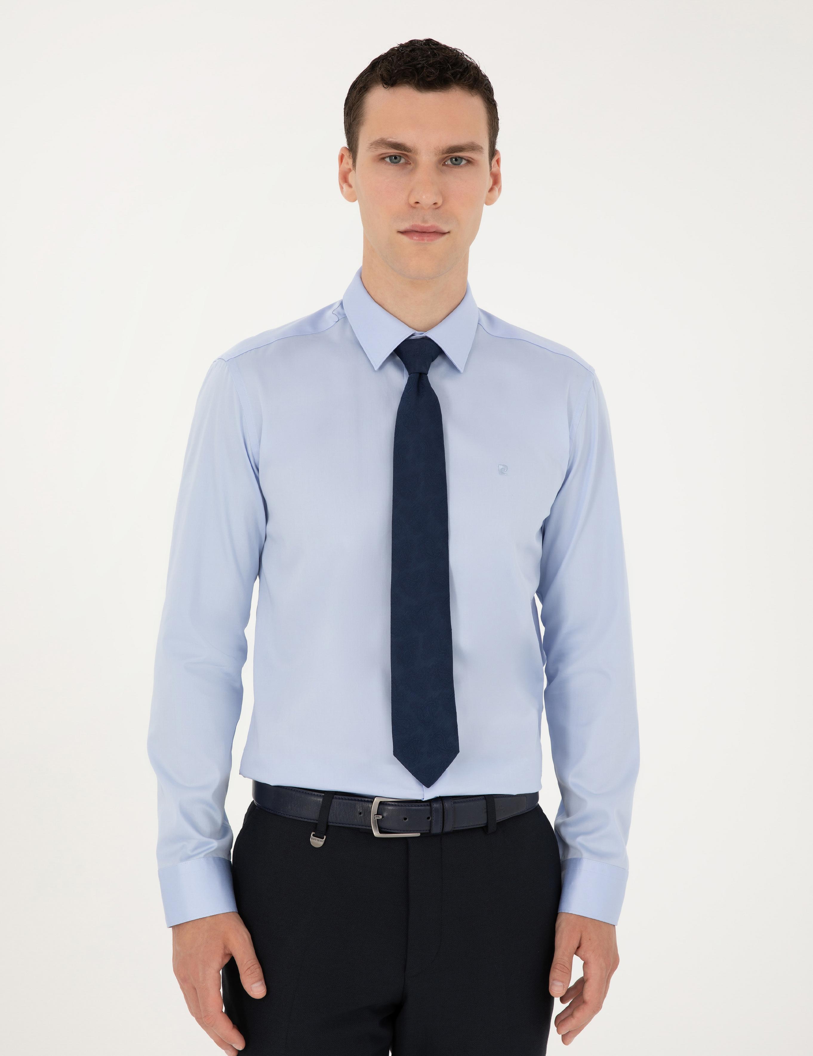 Koyu Mavi Parlak Saten Slim Fit Uzun Kollu Basic Gömlek