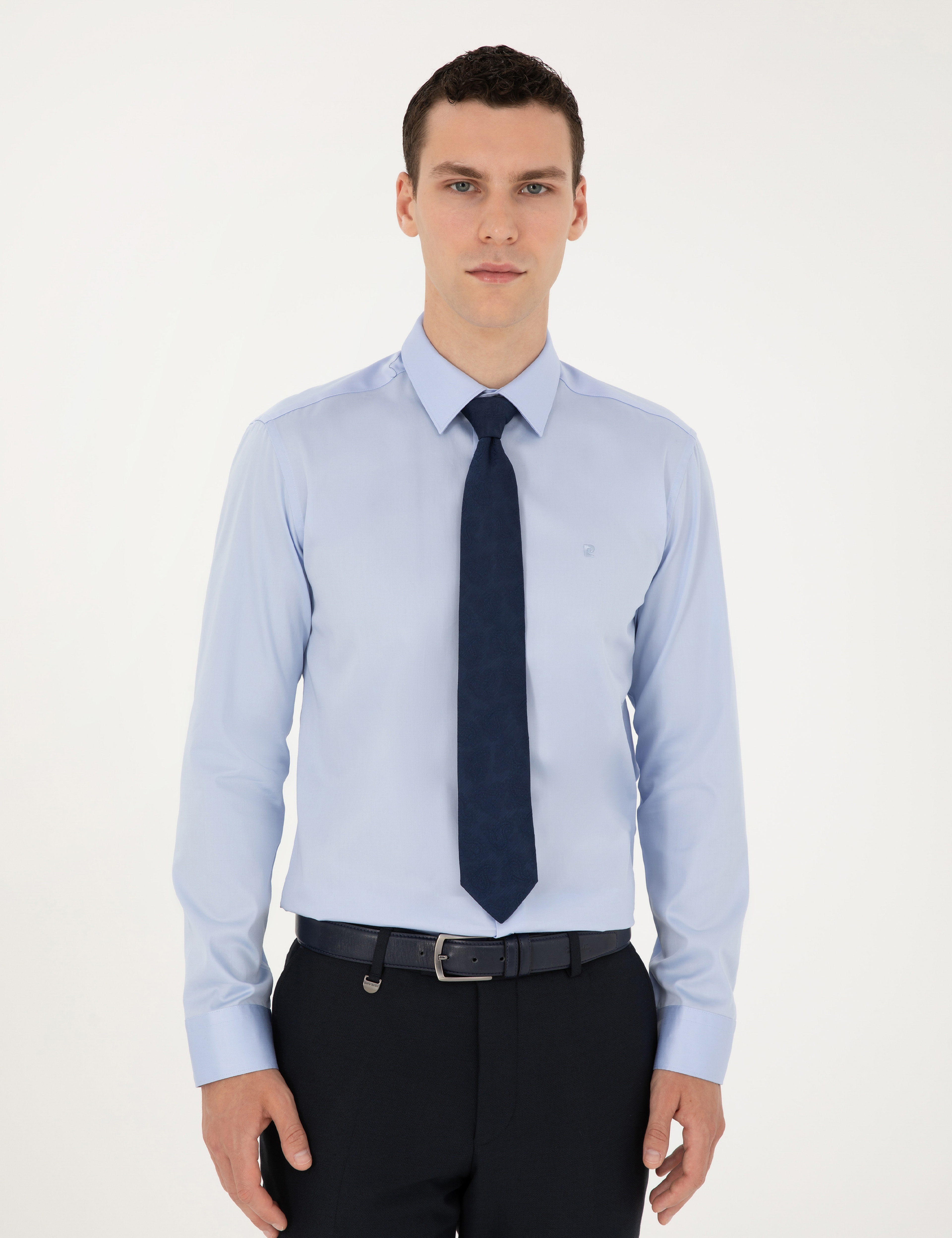 Koyu Mavi %100 Pamuk Parlak Saten Slim Fit Uzun Kollu Basic Gömlek - Image 3