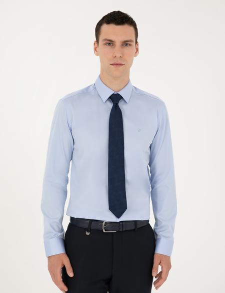 Koyu Mavi Parlak Saten Slim Fit Uzun Kollu Basic Gömlek - 50286102028