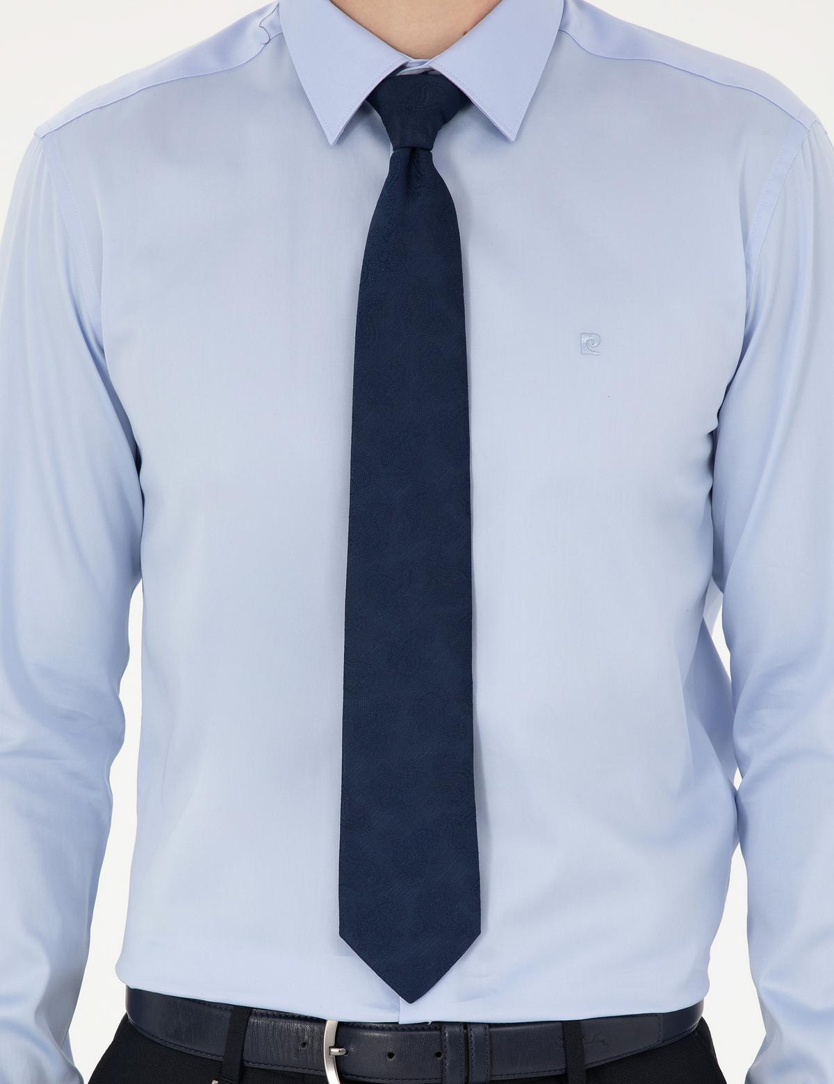 Koyu Mavi Parlak Saten Slim Fit Uzun Kollu Basic Gömlek - 50286102028