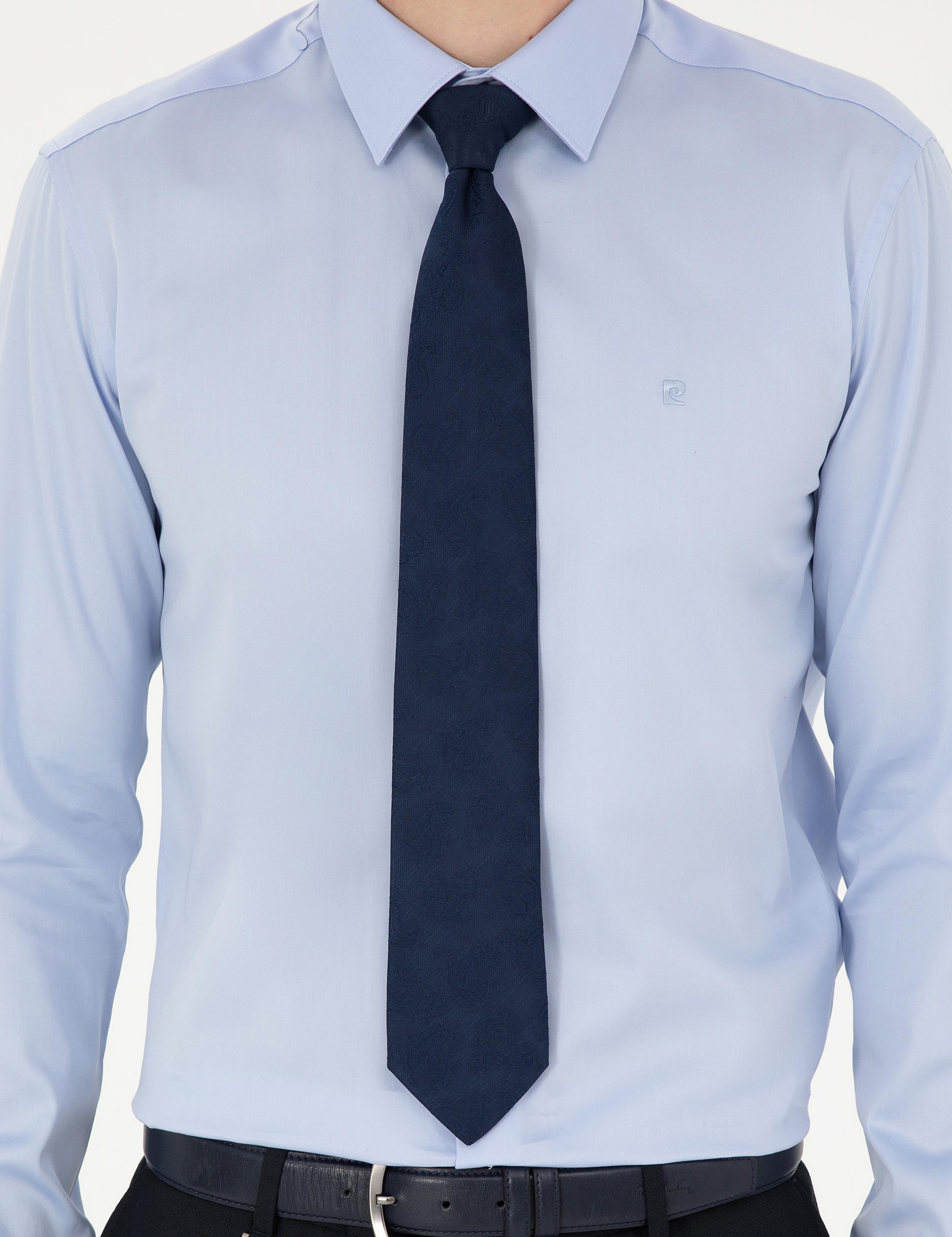 Koyu Mavi Parlak Saten Slim Fit Uzun Kollu Basic Gömlek