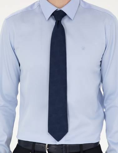 Koyu Mavi %100 Pamuk Parlak Saten Slim Fit Uzun Kollu Basic Gömlek