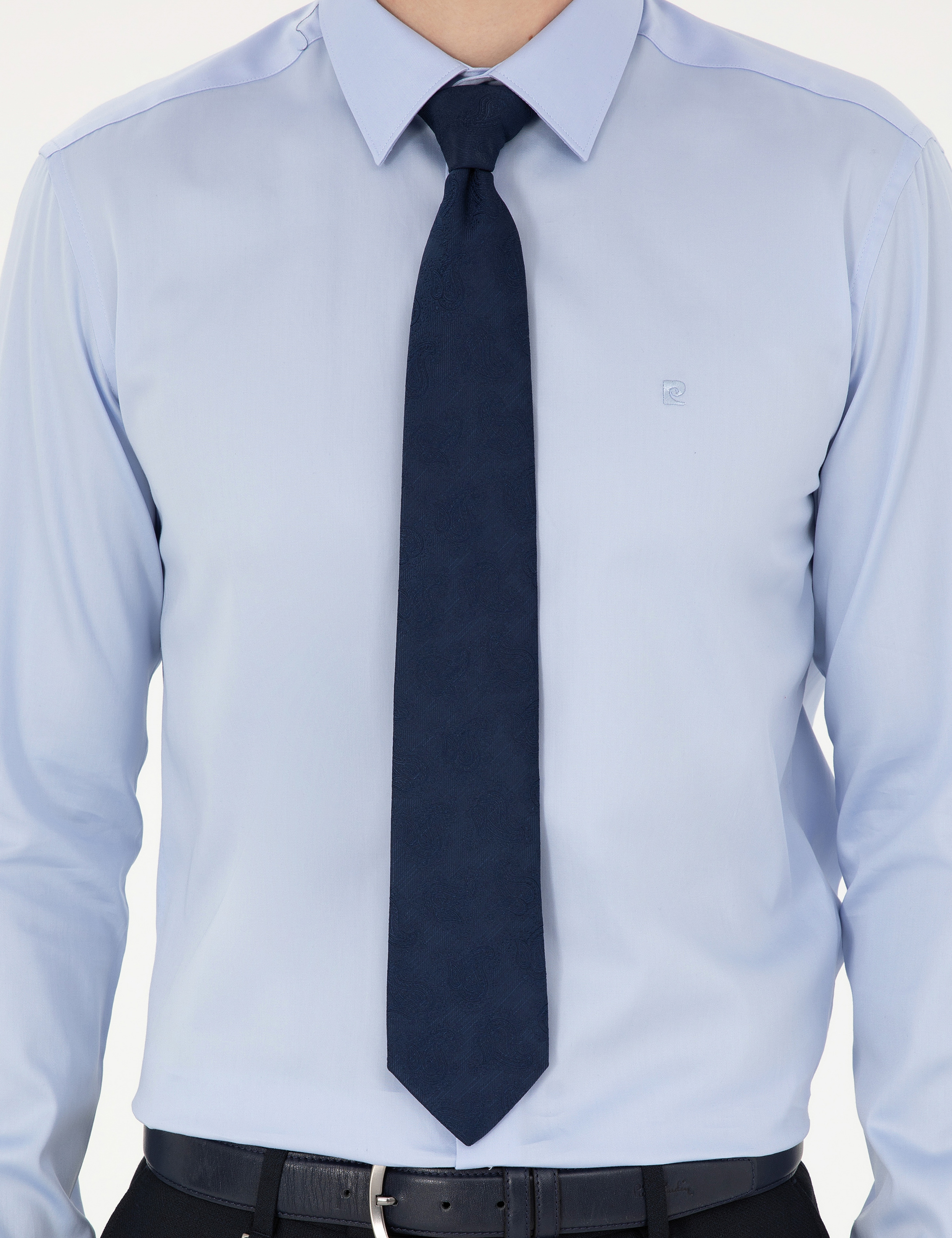 Koyu Mavi %100 Pamuk Parlak Saten Slim Fit Uzun Kollu Basic Gömlek - Image 6