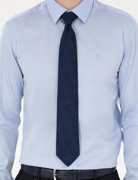 Koyu Mavi Parlak Saten Slim Fit Uzun Kollu Basic Gömlek - 50286102028