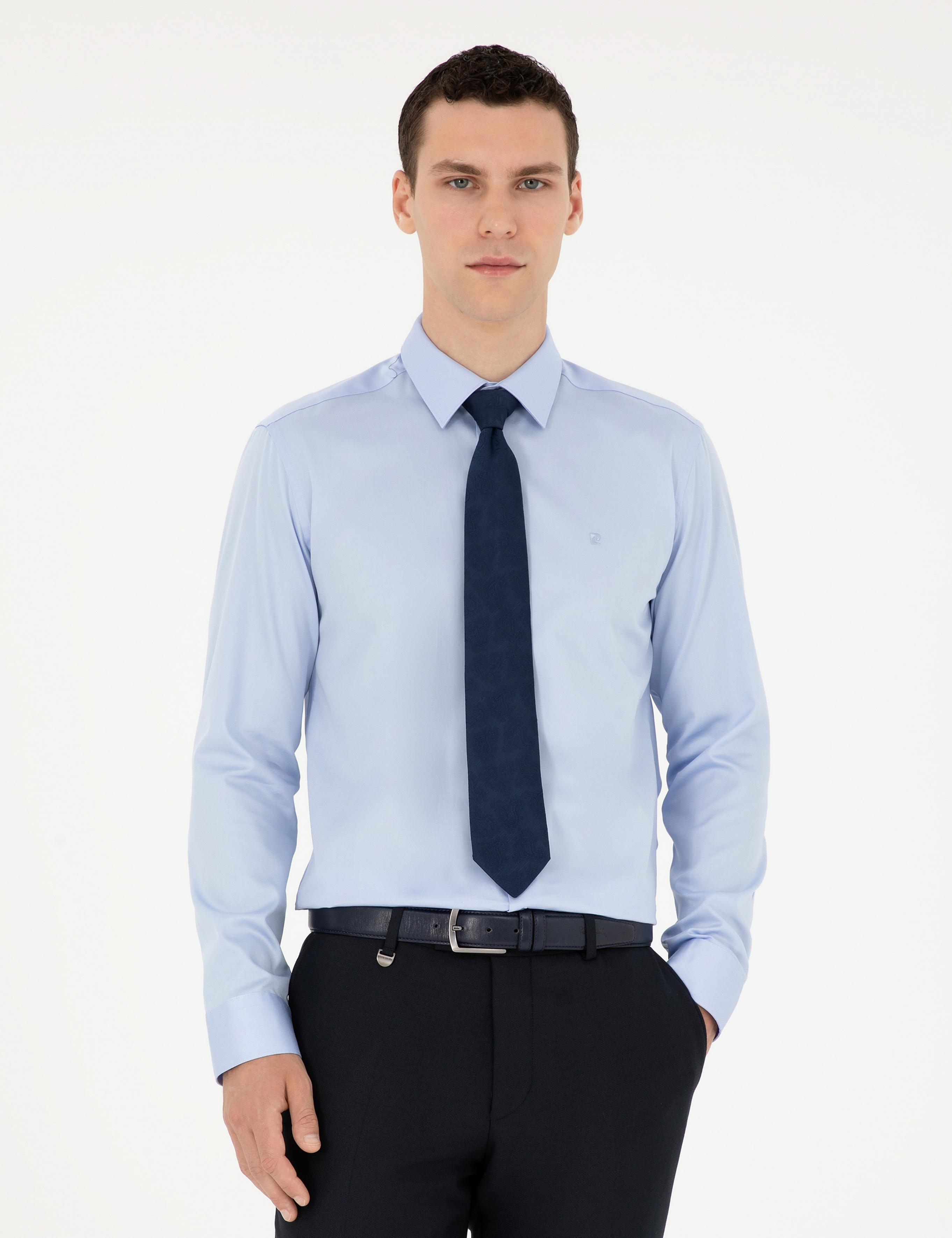 Koyu Mavi Parlak Saten Slim Fit Uzun Kollu Basic Gömlek