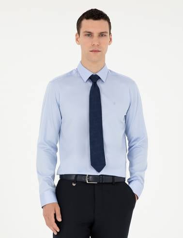 Koyu Mavi %100 Pamuk Parlak Saten Slim Fit Uzun Kollu Basic Gömlek