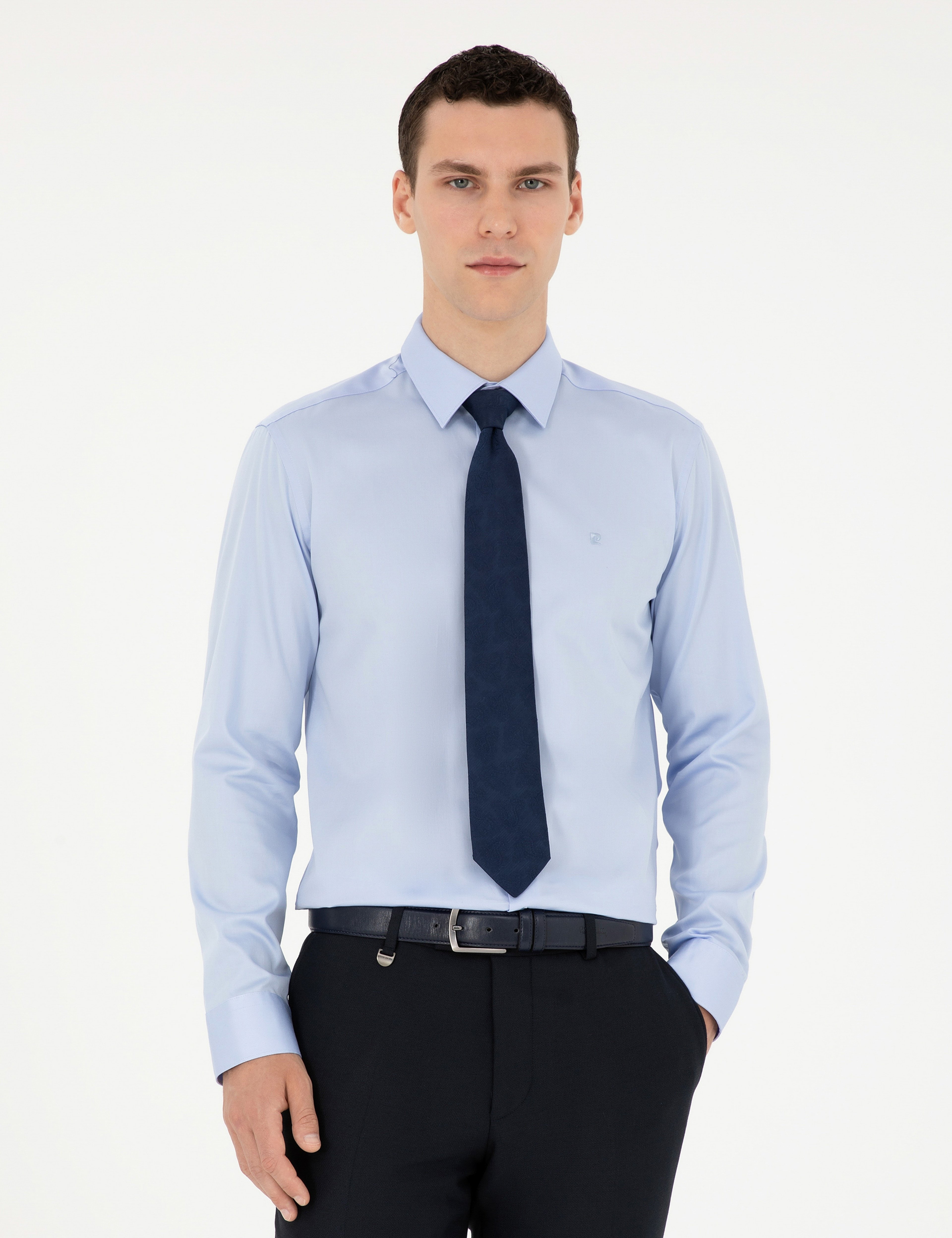 Koyu Mavi %100 Pamuk Parlak Saten Slim Fit Uzun Kollu Basic Gömlek