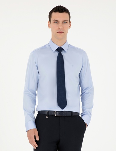 Koyu Mavi %100 Pamuk Parlak Saten Slim Fit Uzun Kollu Basic Gömlek