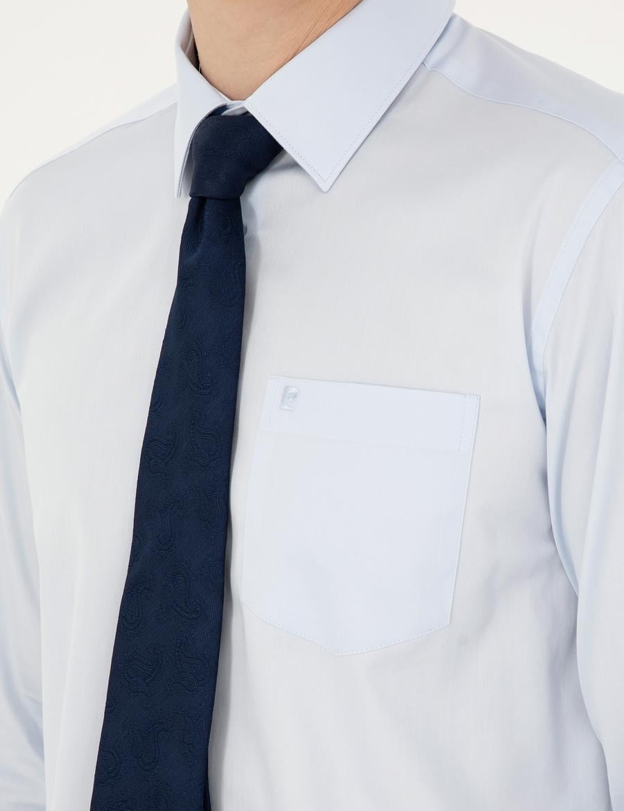 Açık Mavi Parlak Saten Regular Fit Uzun Kollu Basic Gömlek