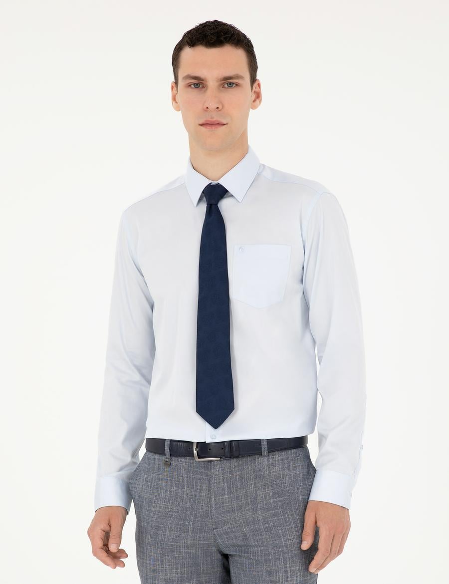 Açık Mavi Parlak Saten Regular Fit Uzun Kollu Basic Gömlek