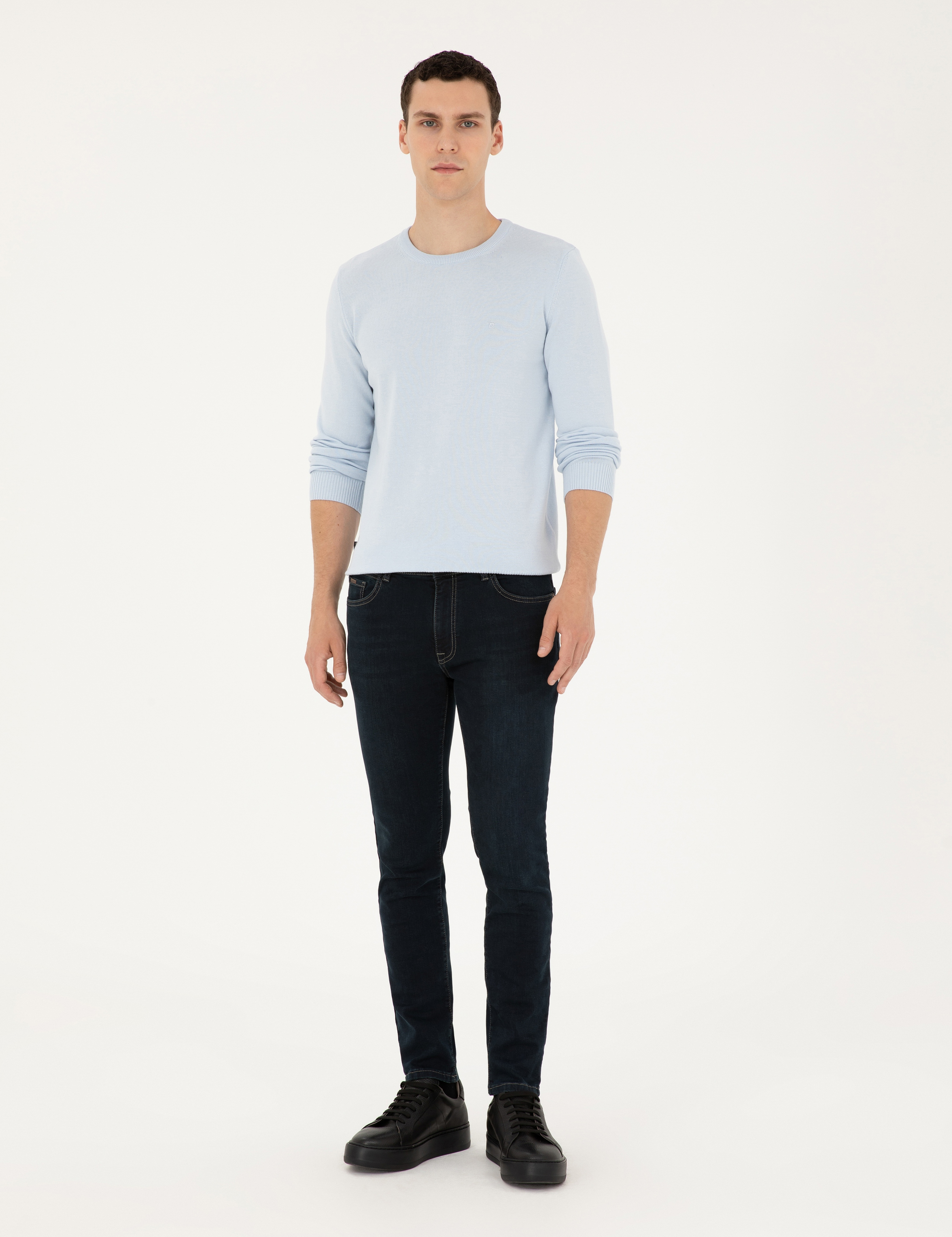 Açık Mavi Slim Fit Bisiklet Yaka Basic Triko Kazak - Image 4