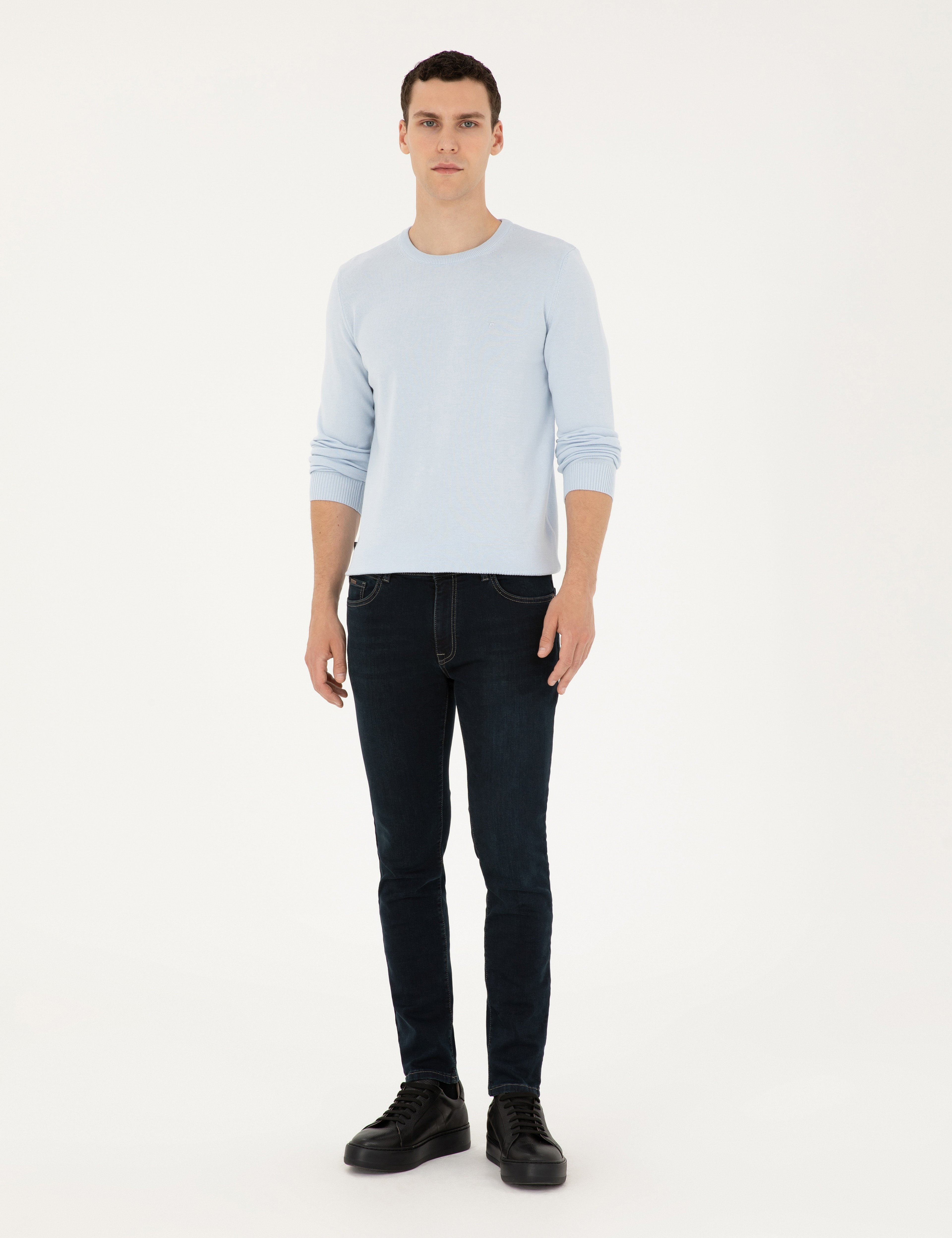 Açık Mavi Slim Fit Bisiklet Yaka Basic Triko Kazak