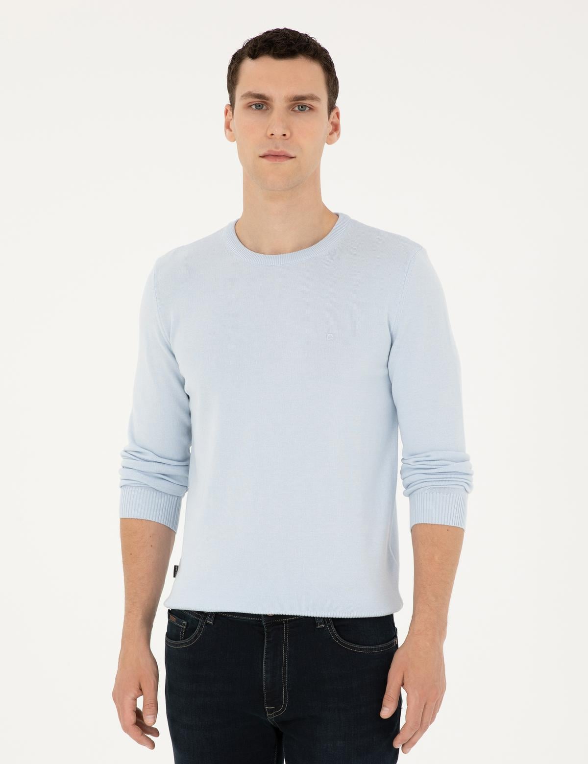 Açık Mavi Slim Fit Bisiklet Yaka Basic Triko Kazak