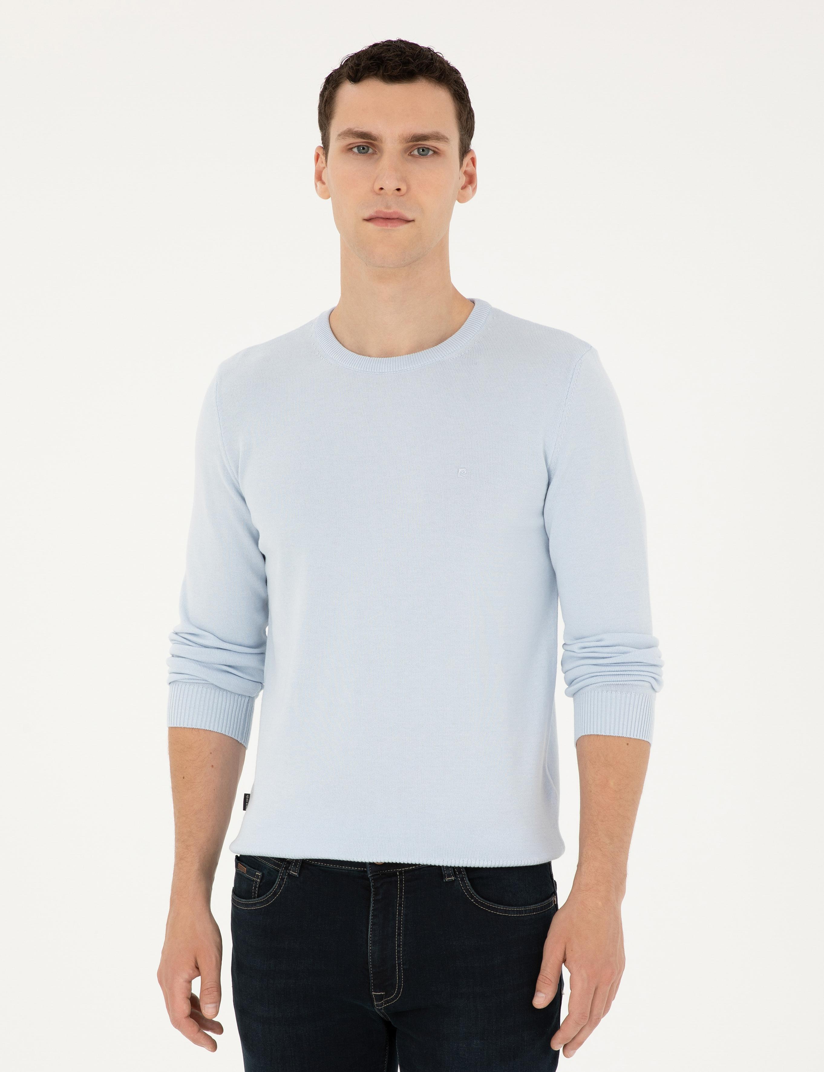 Açık Mavi Slim Fit Bisiklet Yaka Basic Triko Kazak