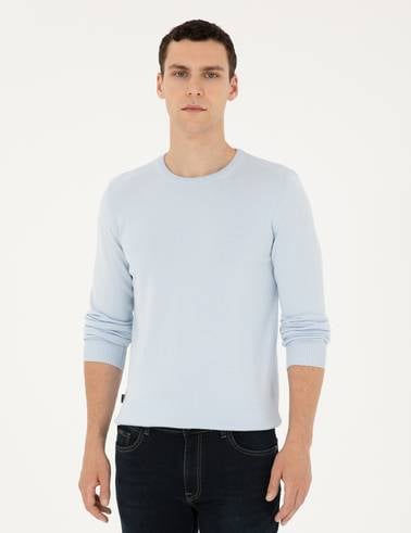 Açık Mavi Slim Fit Bisiklet Yaka Basic Triko Kazak