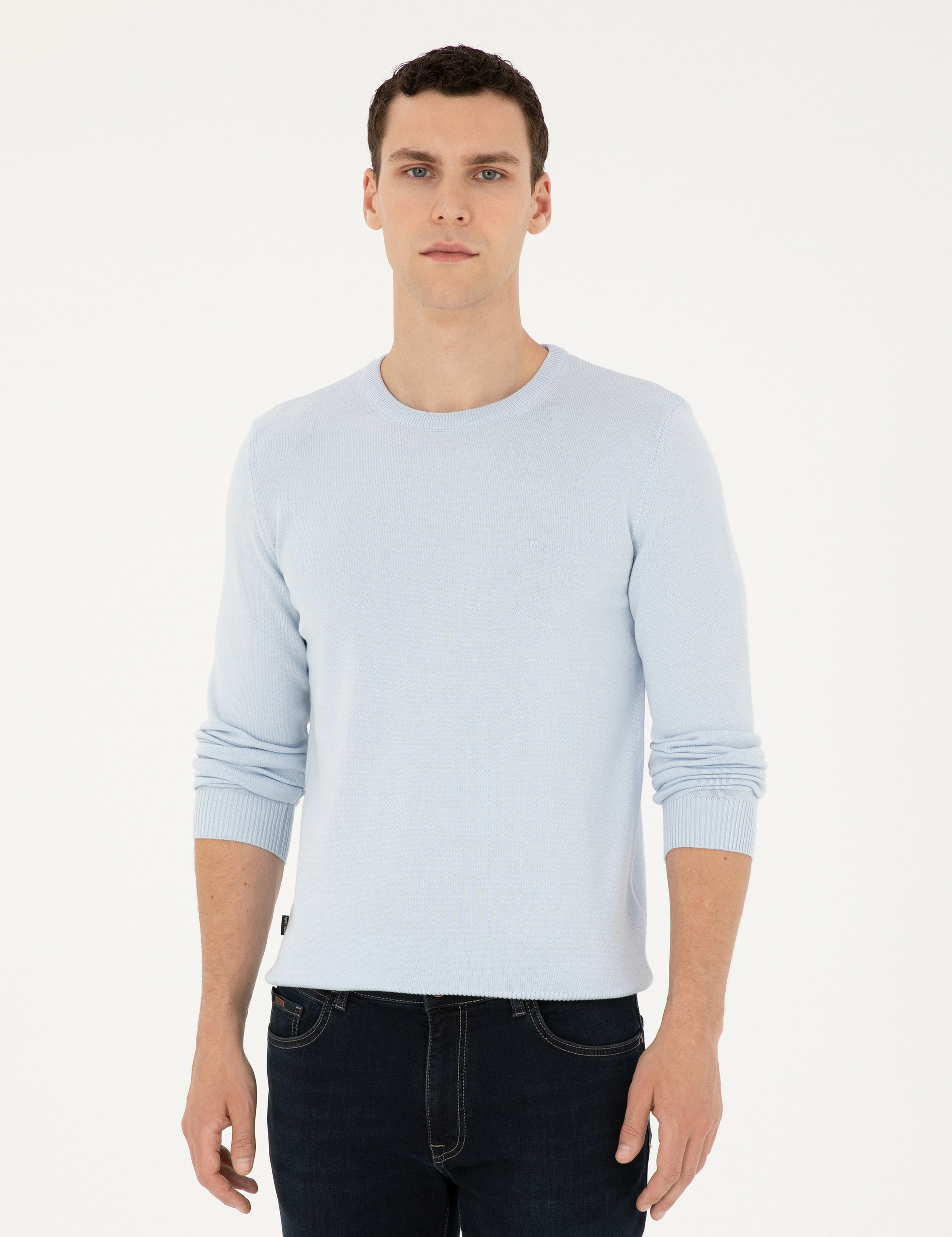 Açık Mavi Slim Fit Bisiklet Yaka Basic Triko Kazak
