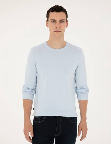 Açık Mavi Slim Fit Bisiklet Yaka Basic Triko Kazak