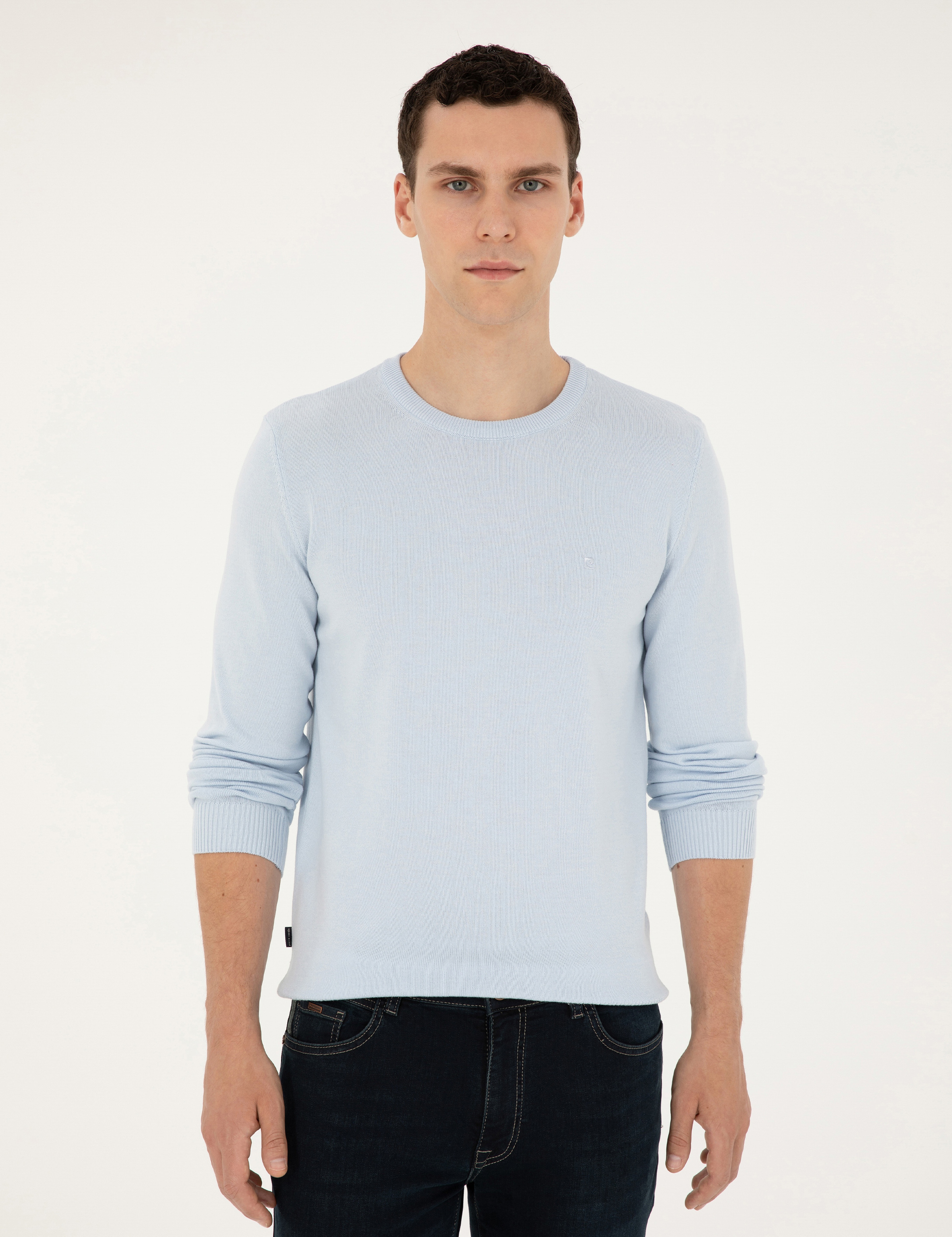 Açık Mavi Slim Fit Bisiklet Yaka Basic Triko Kazak - Image 3