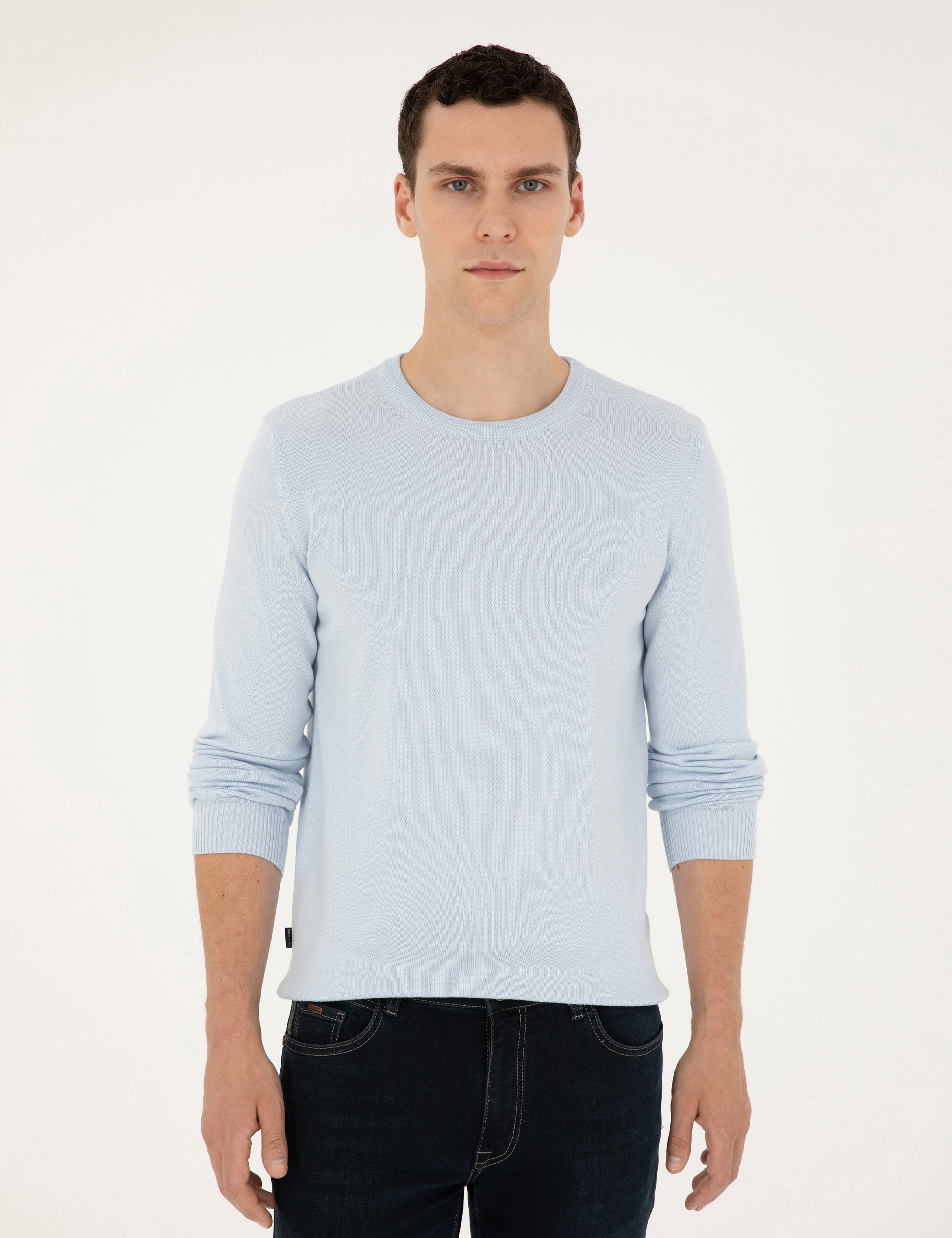 Açık Mavi Slim Fit Bisiklet Yaka Basic Triko Kazak