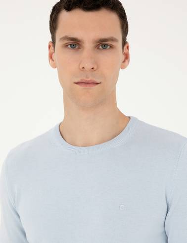 Açık Mavi Slim Fit Bisiklet Yaka Basic Triko Kazak