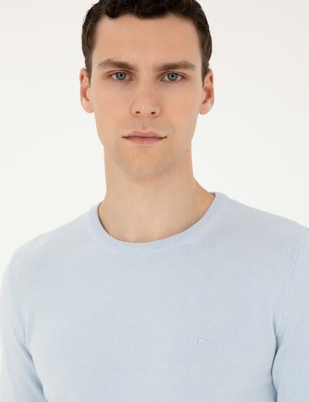 Açık Mavi Slim Fit Bisiklet Yaka Basic Triko Kazak - 50296575001