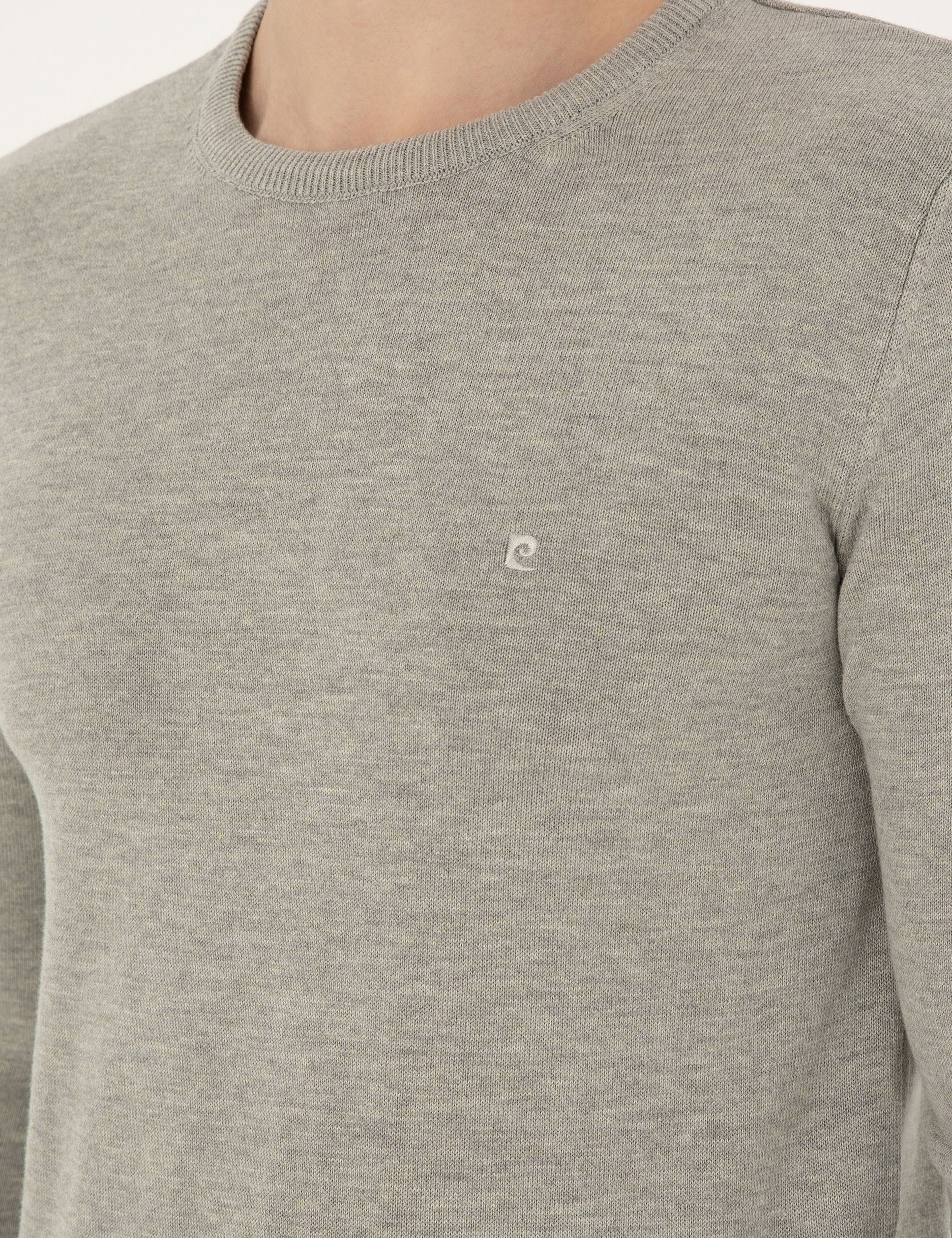 Açık Gri Melanj Slim Fit Bisiklet Yaka Basic Triko Kazak