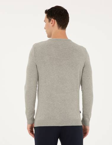 Açık Gri Melanj Slim Fit Bisiklet Yaka Basic Triko Kazak