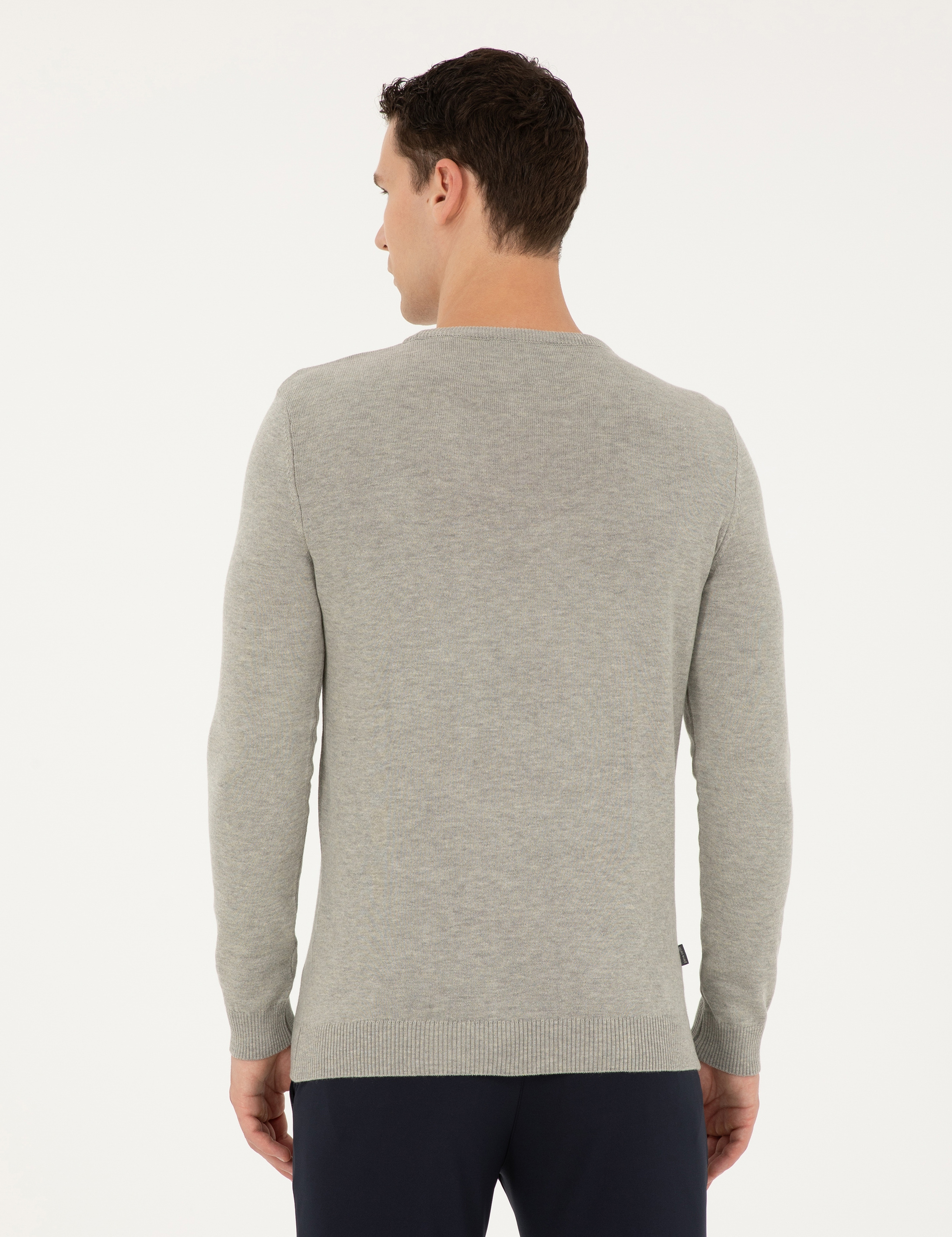 Açık Gri Melanj Slim Fit Bisiklet Yaka Basic Triko Kazak - Image 5