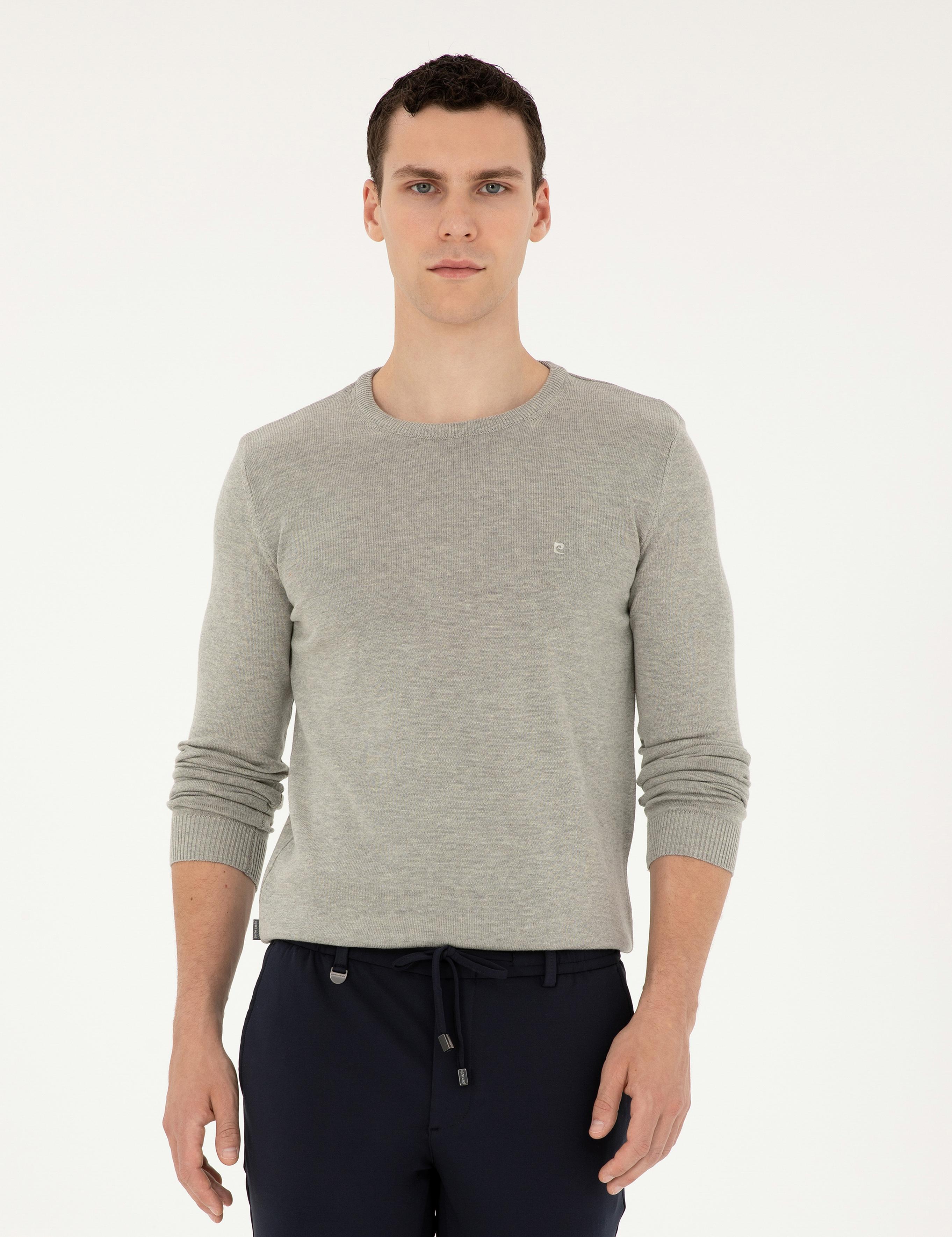 Açık Gri Melanj Slim Fit Bisiklet Yaka Basic Triko Kazak