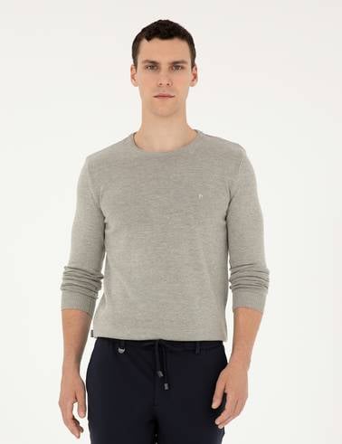 Açık Gri Melanj Slim Fit Bisiklet Yaka Basic Triko Kazak