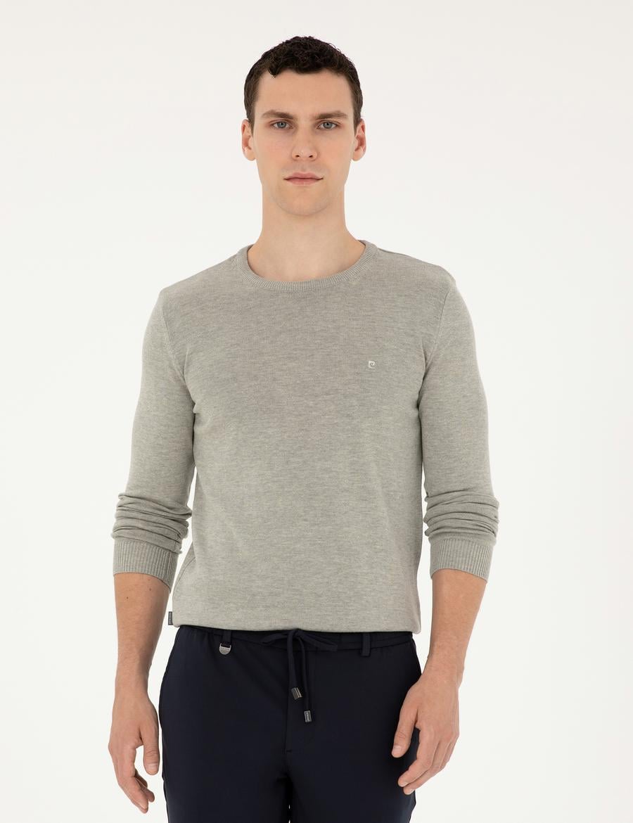 Açık Gri Melanj Slim Fit Bisiklet Yaka Basic Triko Kazak