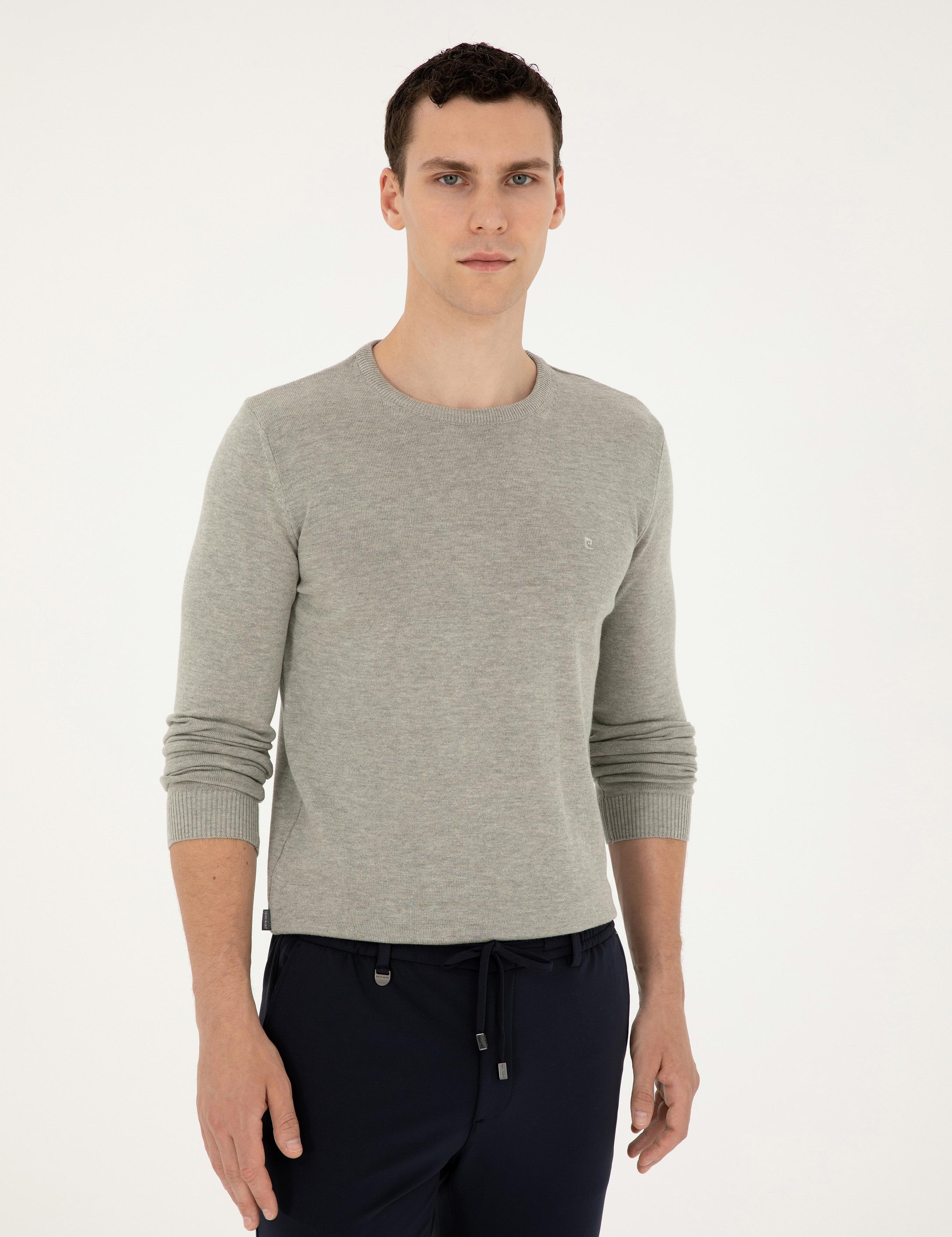 Açık Gri Melanj Slim Fit Bisiklet Yaka Basic Triko Kazak