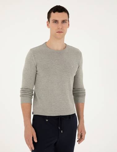 Açık Gri Melanj Slim Fit Bisiklet Yaka Basic Triko Kazak