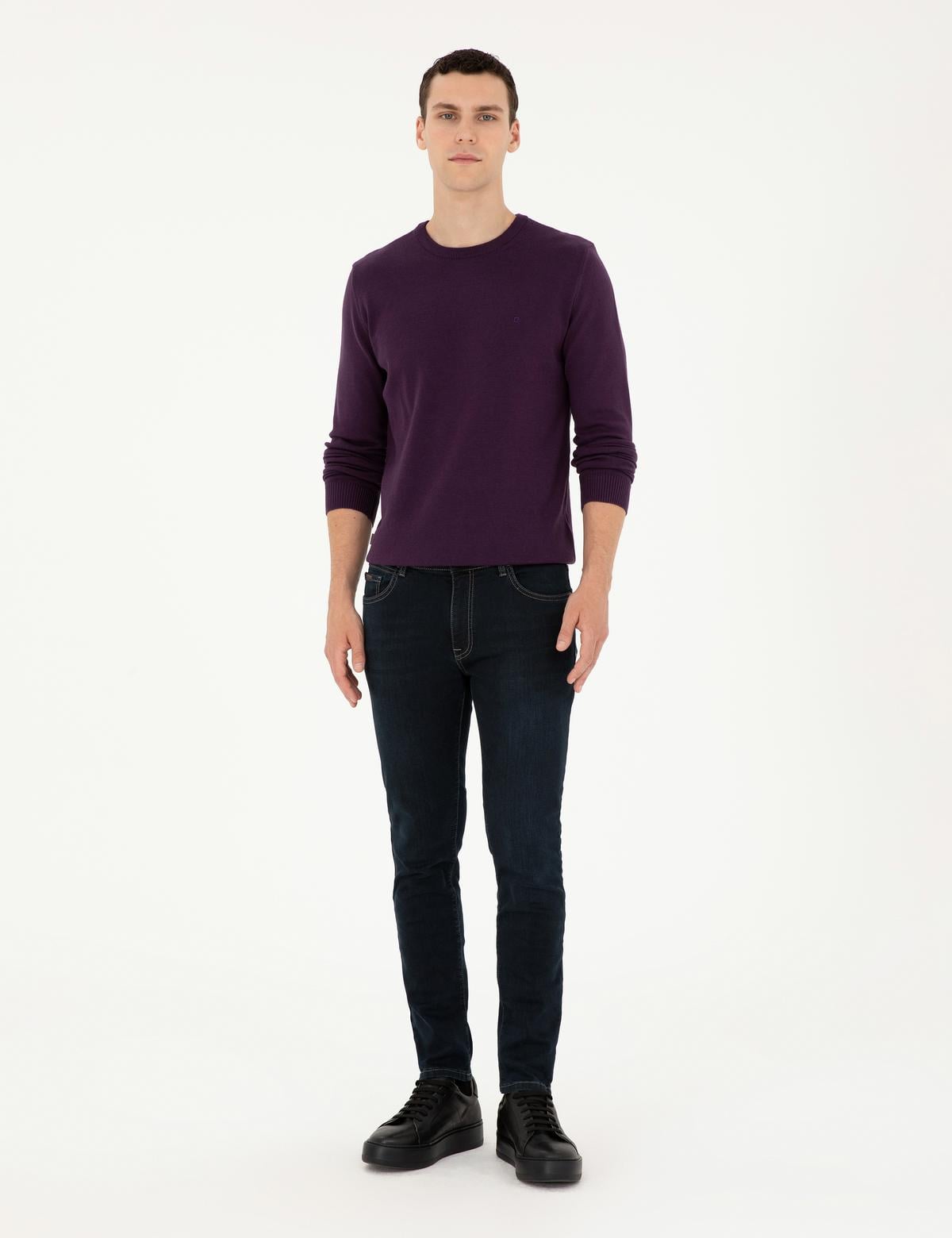 Mor Slim Fit Bisiklet Yaka Basic Triko Kazak - 50296575054