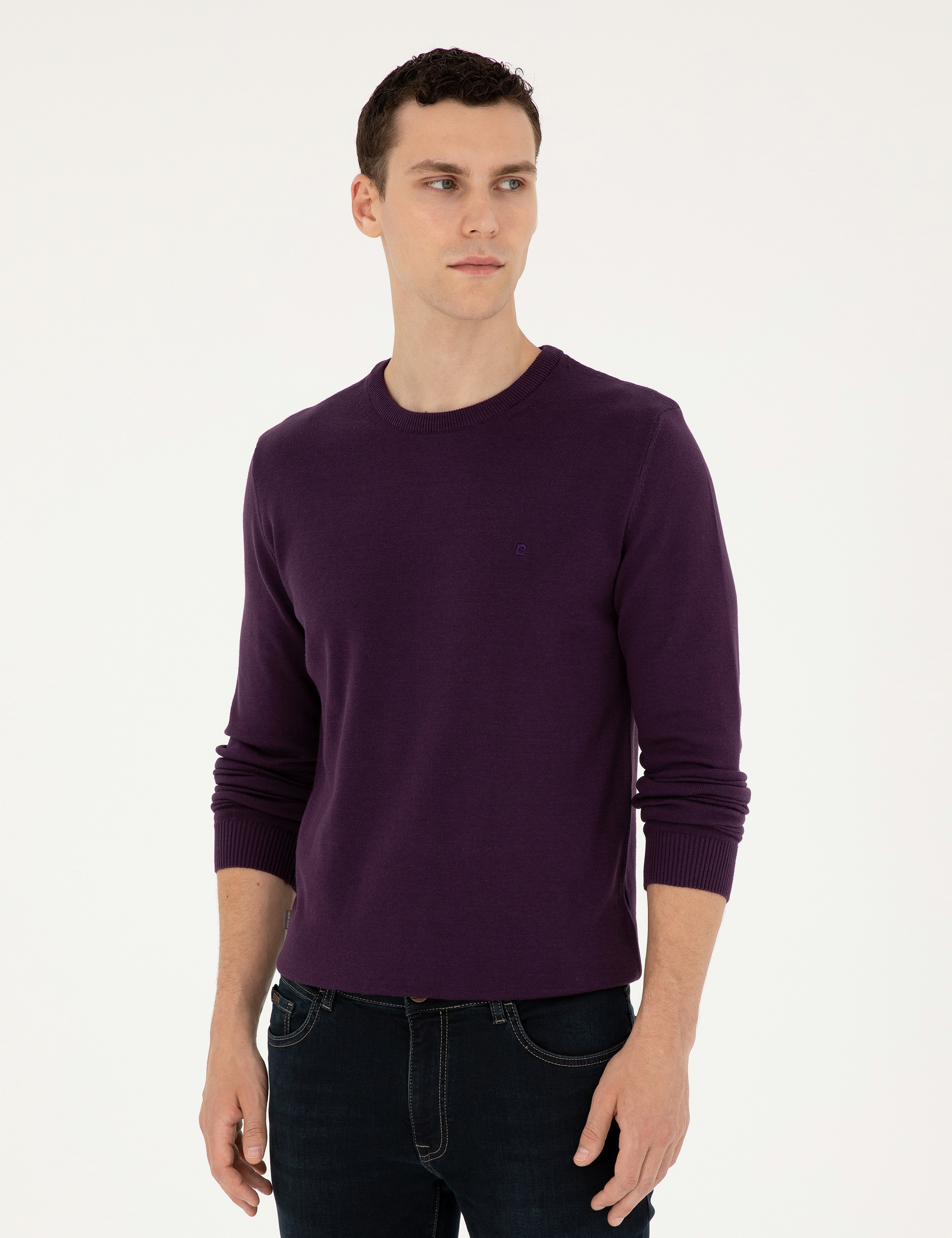 Mor Slim Fit Bisiklet Yaka Basic Triko Kazak - Image 1
