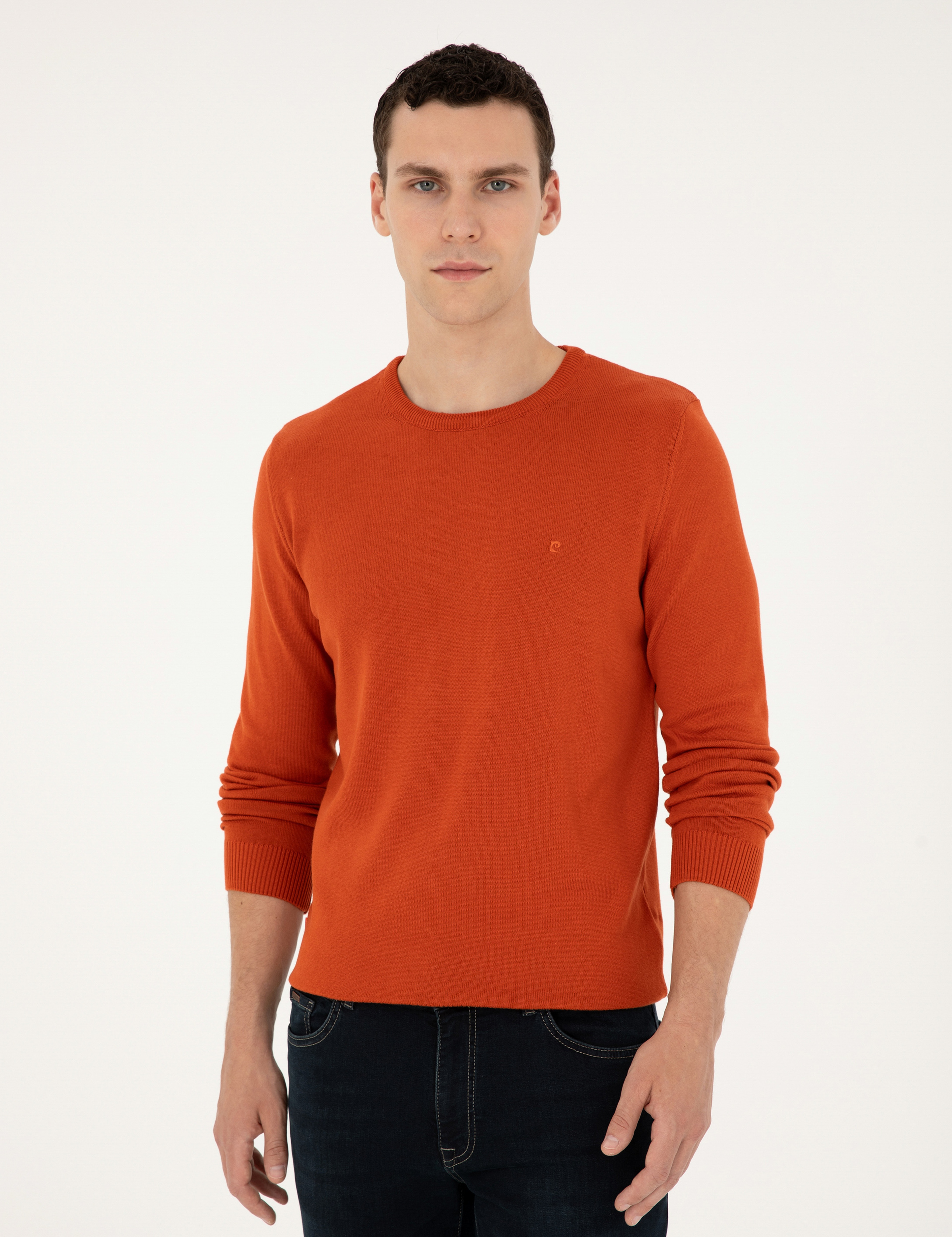 Turuncu Slim Fit Bisiklet Yaka Basic Triko Kazak - Image 3
