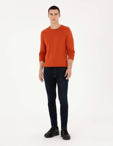 Turuncu Slim Fit Bisiklet Yaka Basic Triko Kazak