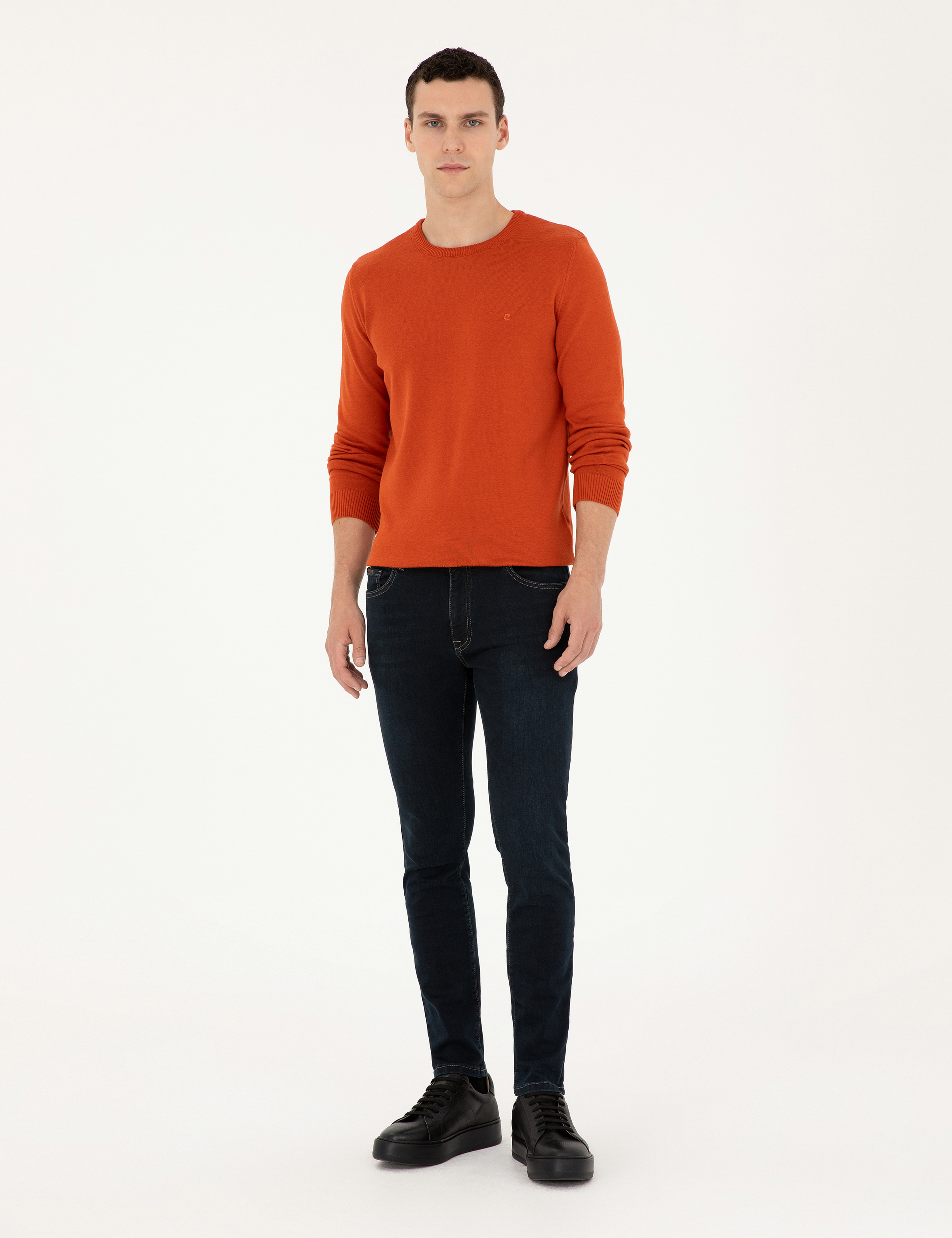 Turuncu Slim Fit Bisiklet Yaka Basic Triko Kazak - Image 4