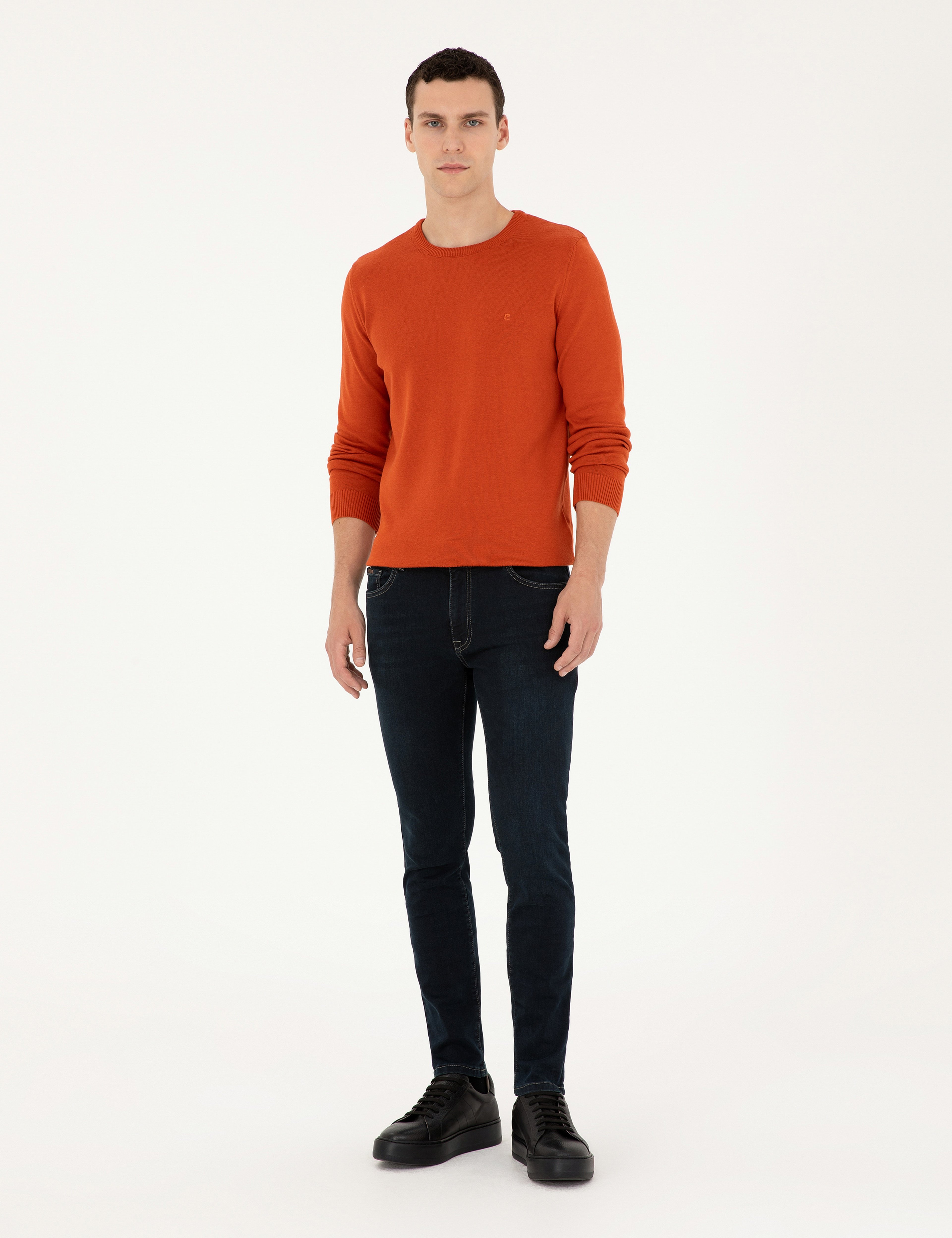Turuncu Slim Fit Bisiklet Yaka Basic Triko Kazak