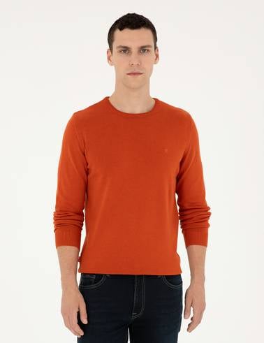 Turuncu Slim Fit Bisiklet Yaka Basic Triko Kazak