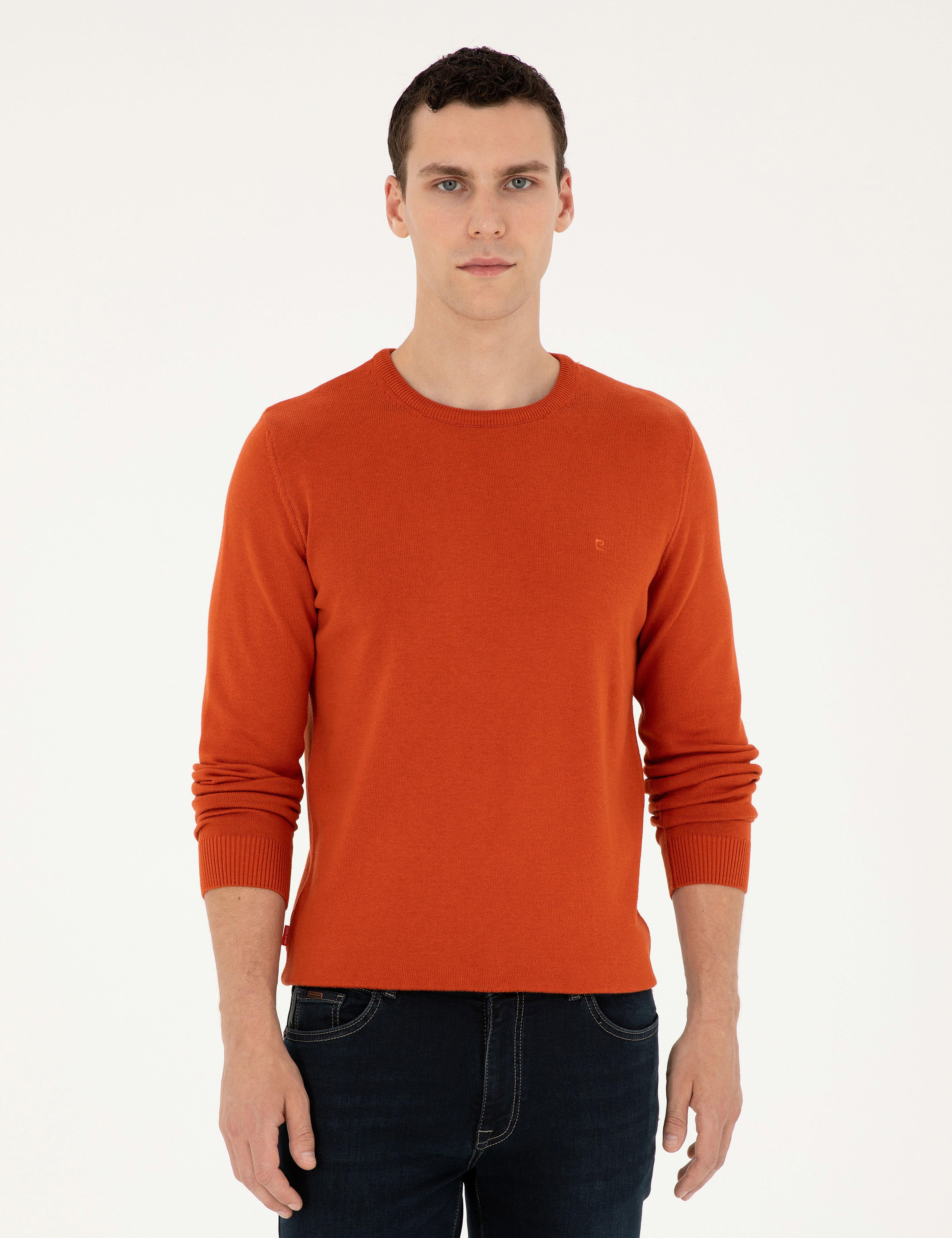 Turuncu Slim Fit Bisiklet Yaka Basic Triko Kazak - Image 1