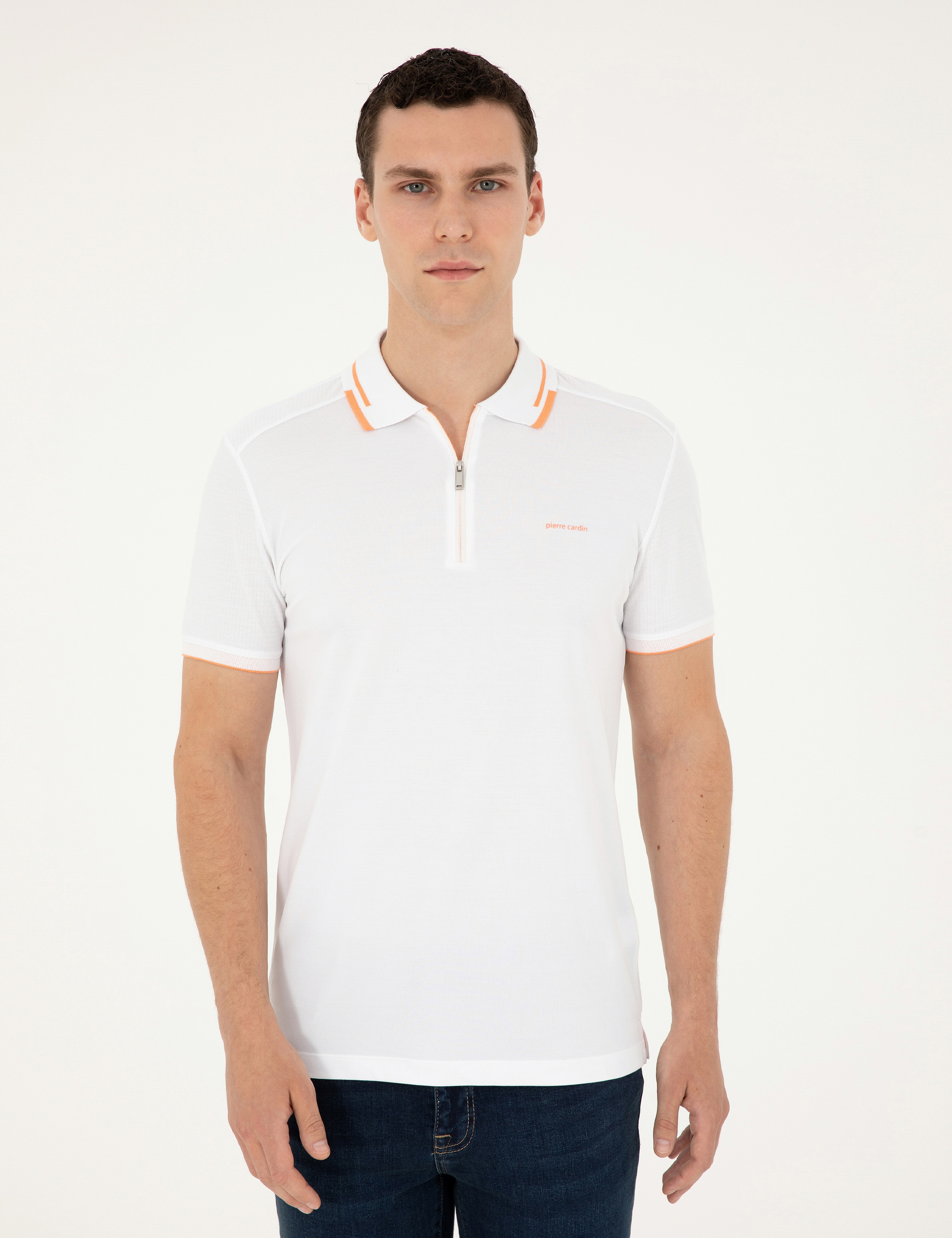 Beyaz Slim Fit Fermuarlı Polo Yaka Tişört - Image 3