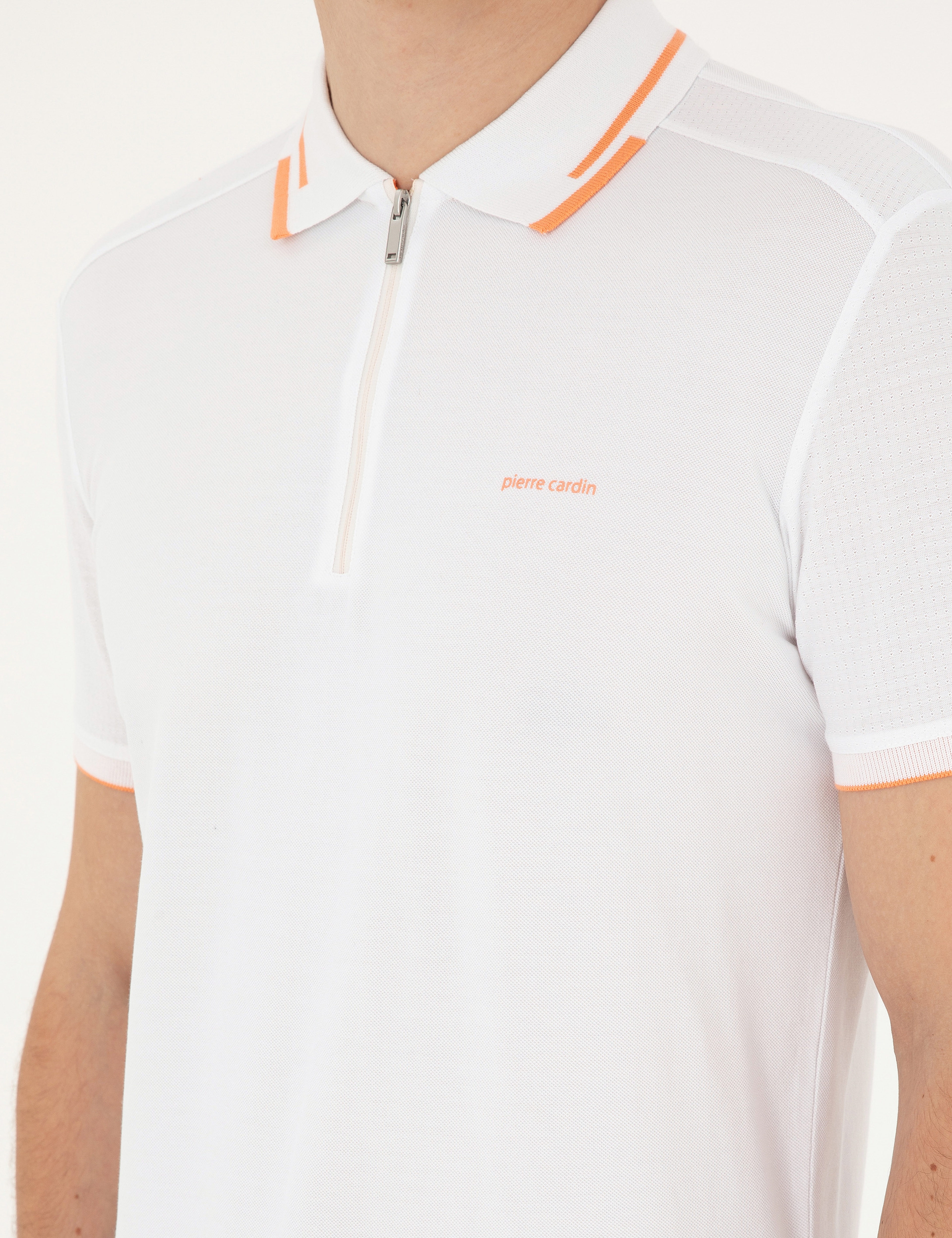 Beyaz Slim Fit Fermuarlı Polo Yaka Tişört - Image 7