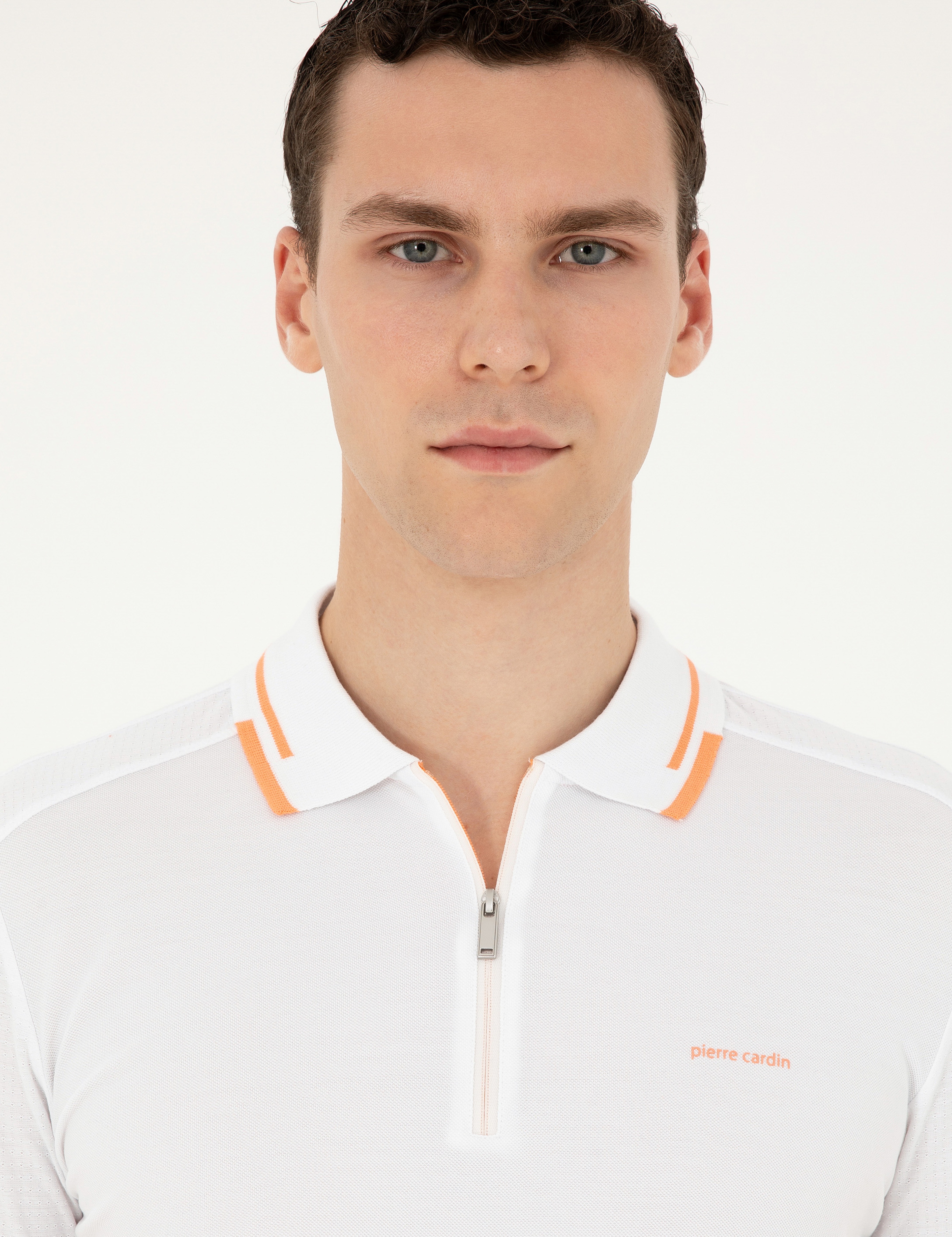 Beyaz Slim Fit Fermuarlı Polo Yaka Tişört - Image 2