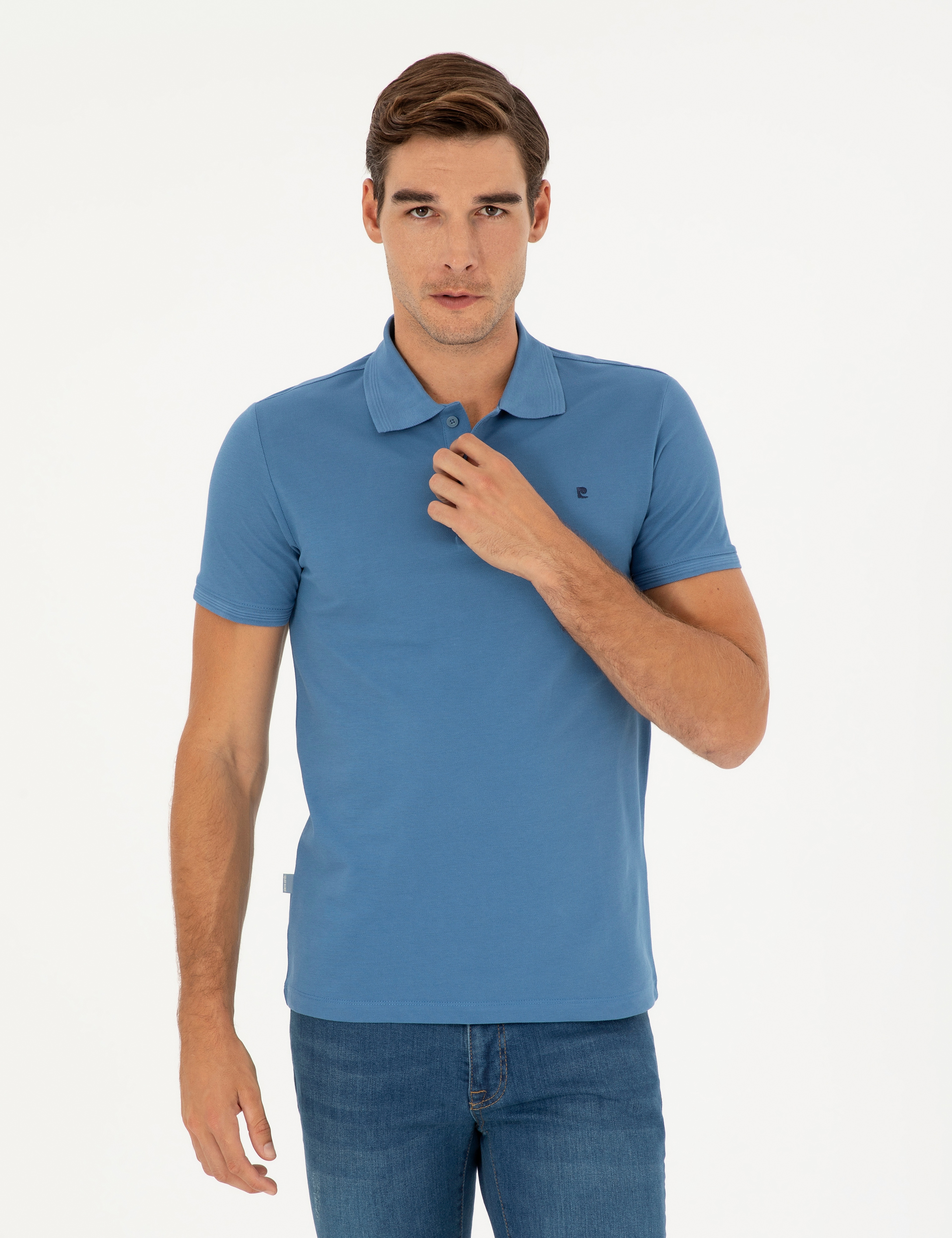 Koyu Mavi Slim Fit %100 Pamuk Düğmeli Polo Yaka Basic Tişört