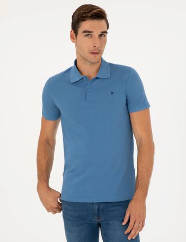 Koyu Mavi Slim Fit %100 Pamuk Polo Yaka Basic Tişört